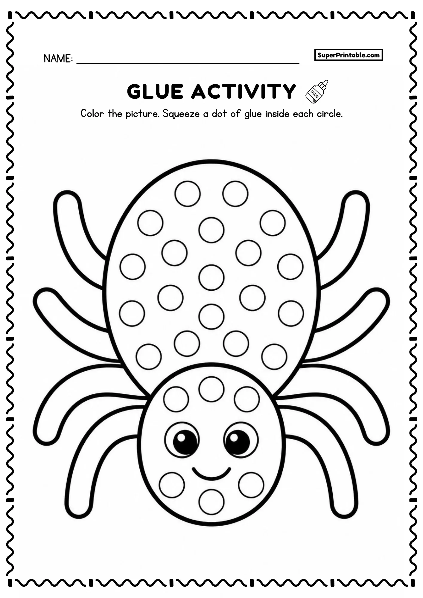 Dot glue insects worksheet featuring cute round spider with eight legs and dot circles for kids