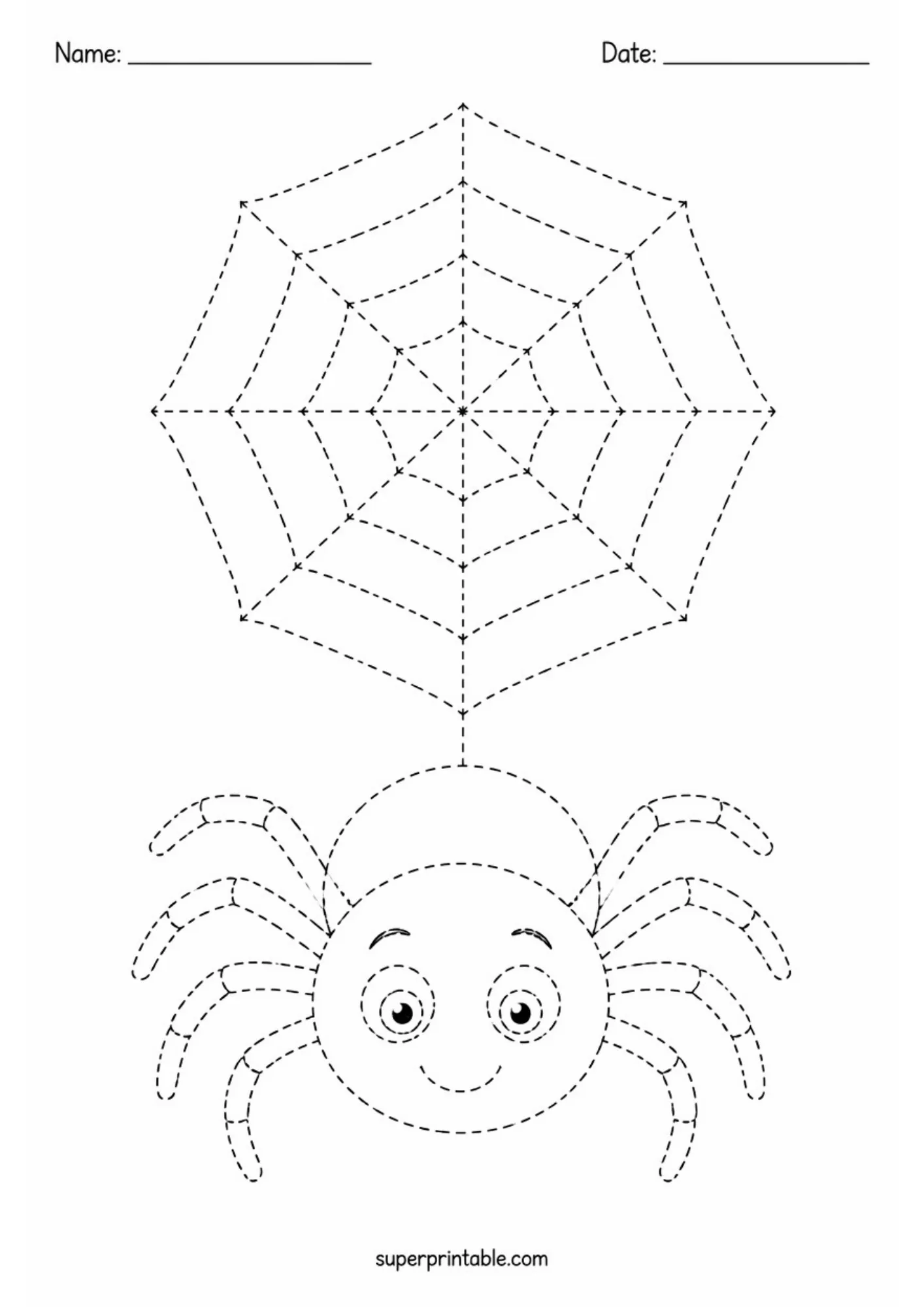 Friendly spider and geometric web line tracing page for fine motor practice.