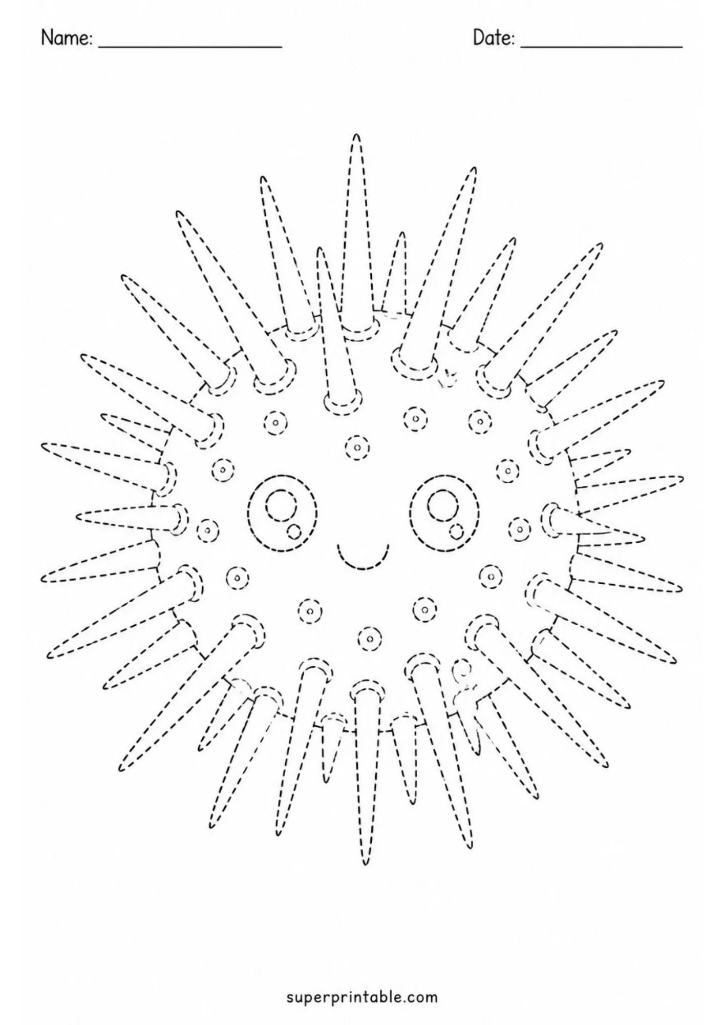 Printable tracing worksheet of a cute round sea urchin character with long spiky spines.