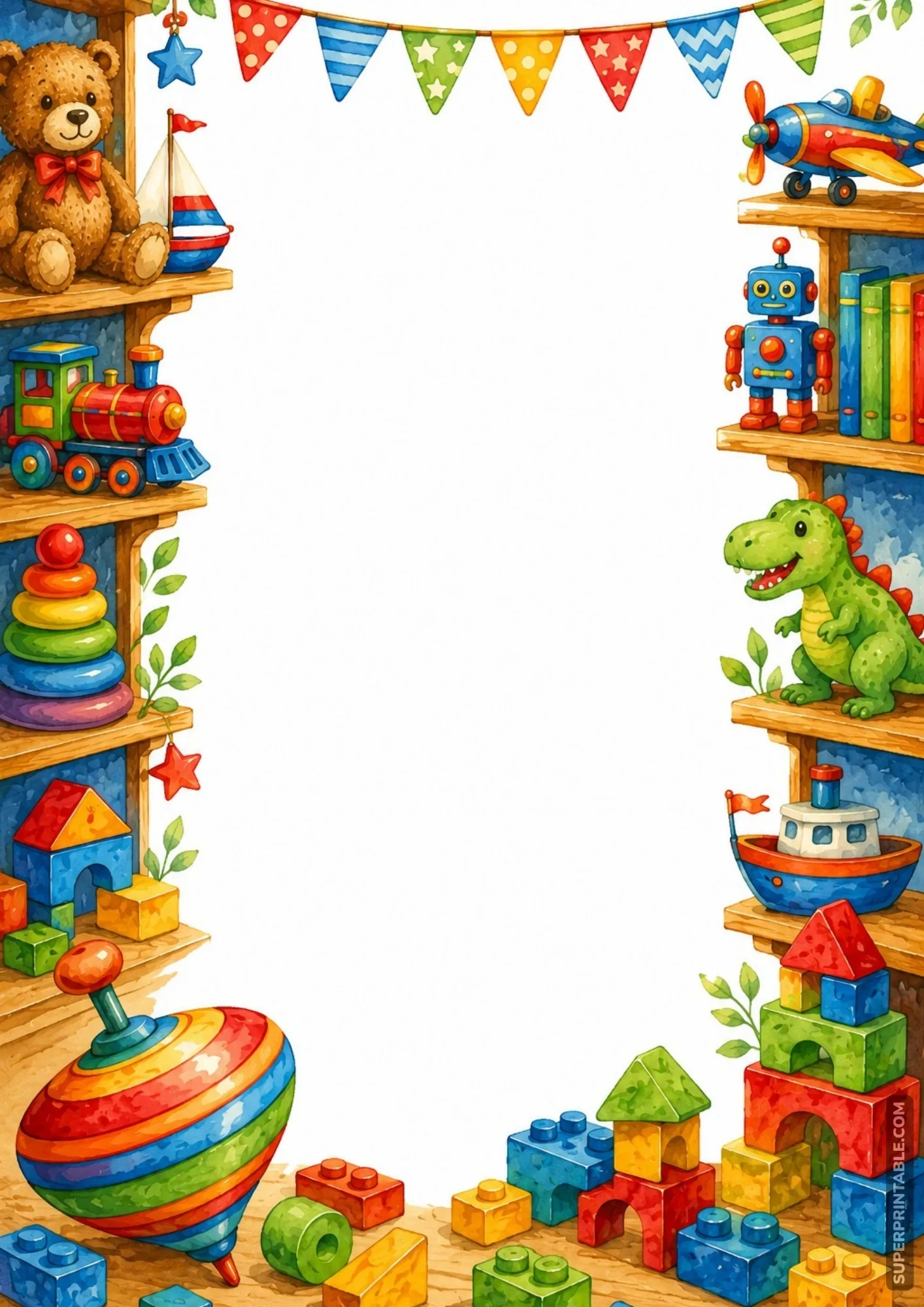 Page border with a large rainbow spinning top and scattered colorful building blocks.