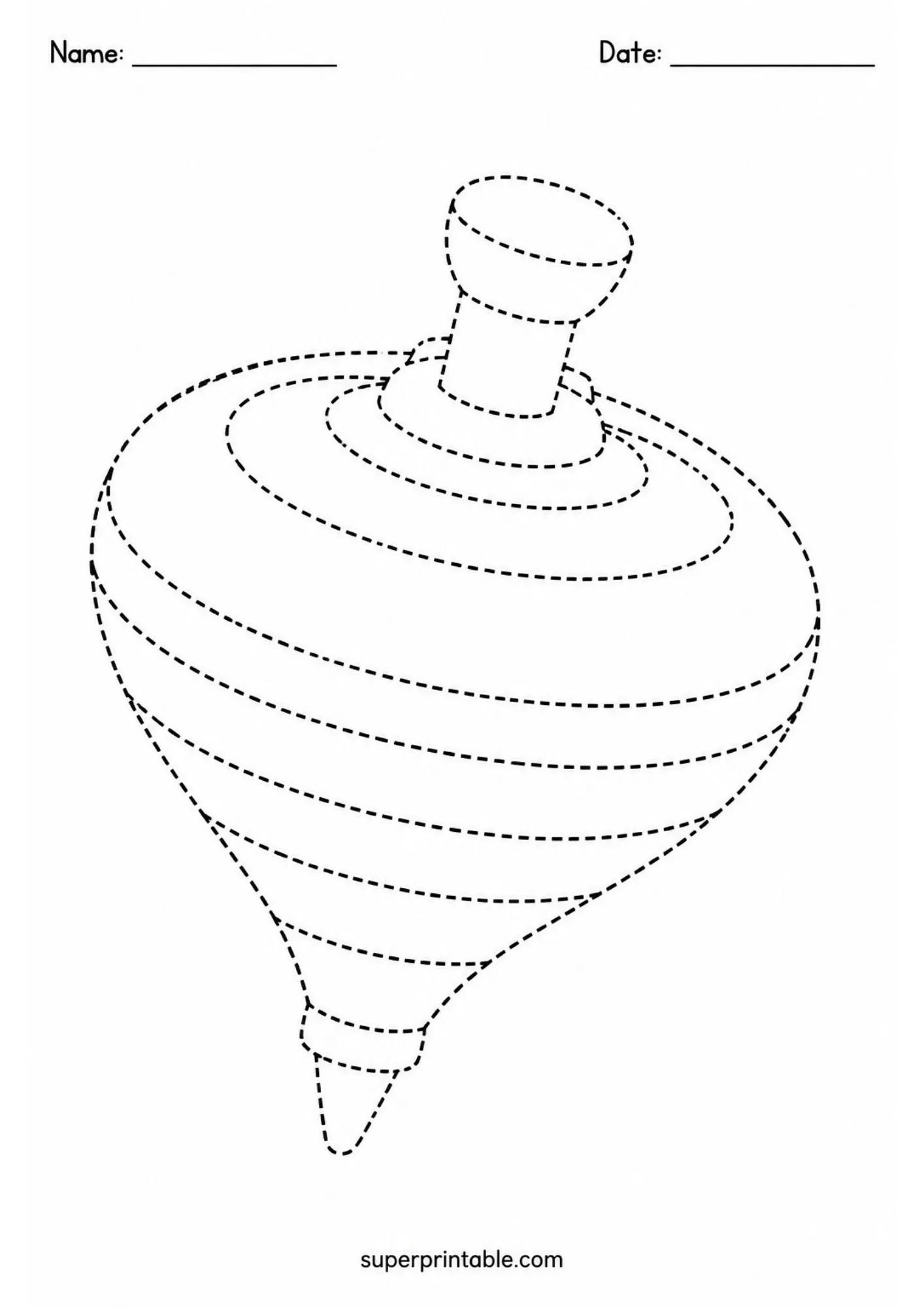 Classic spinning top tracing worksheet with rounded handle, curved bands, and pointed tip
