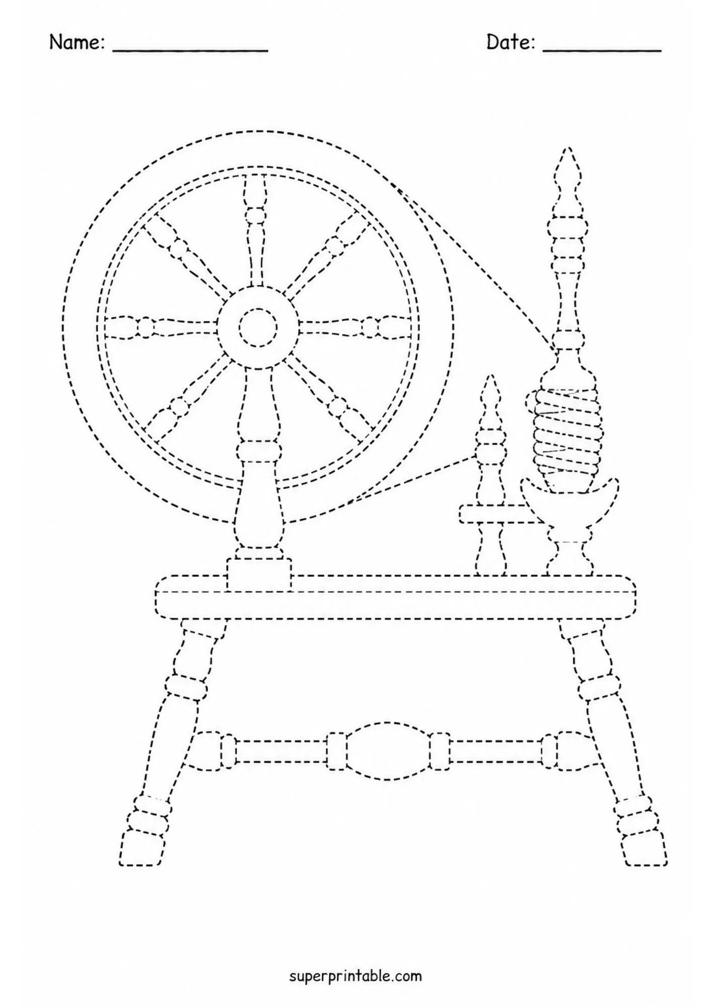 Classic fairytale spinning wheel line tracing activity sheet for preschoolers building hand-eye coordination skills.