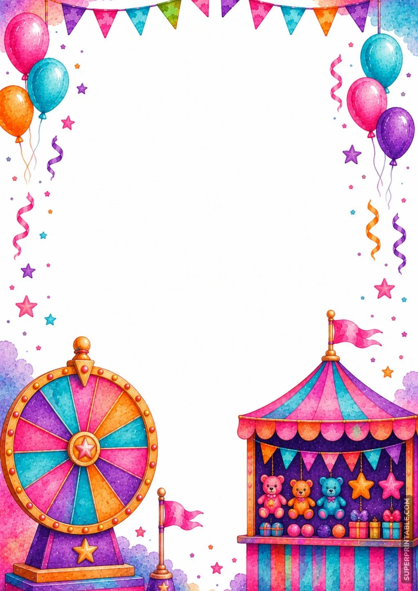 Colorful fairground frame with a prize spinning wheel of fortune and teddy bear booth.