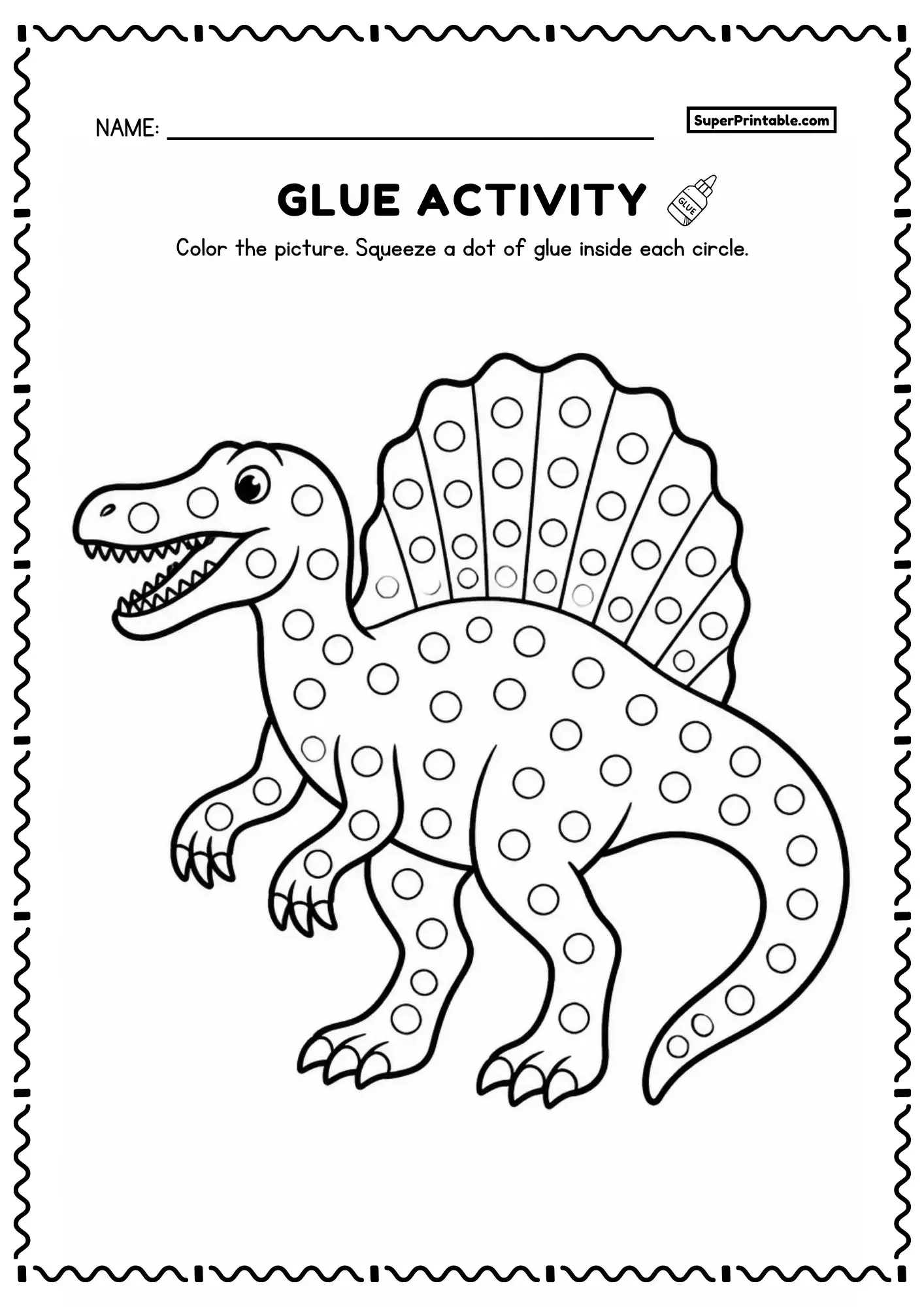 Spinosaurus dot glue dinosaur worksheets page with circles across its sail and body