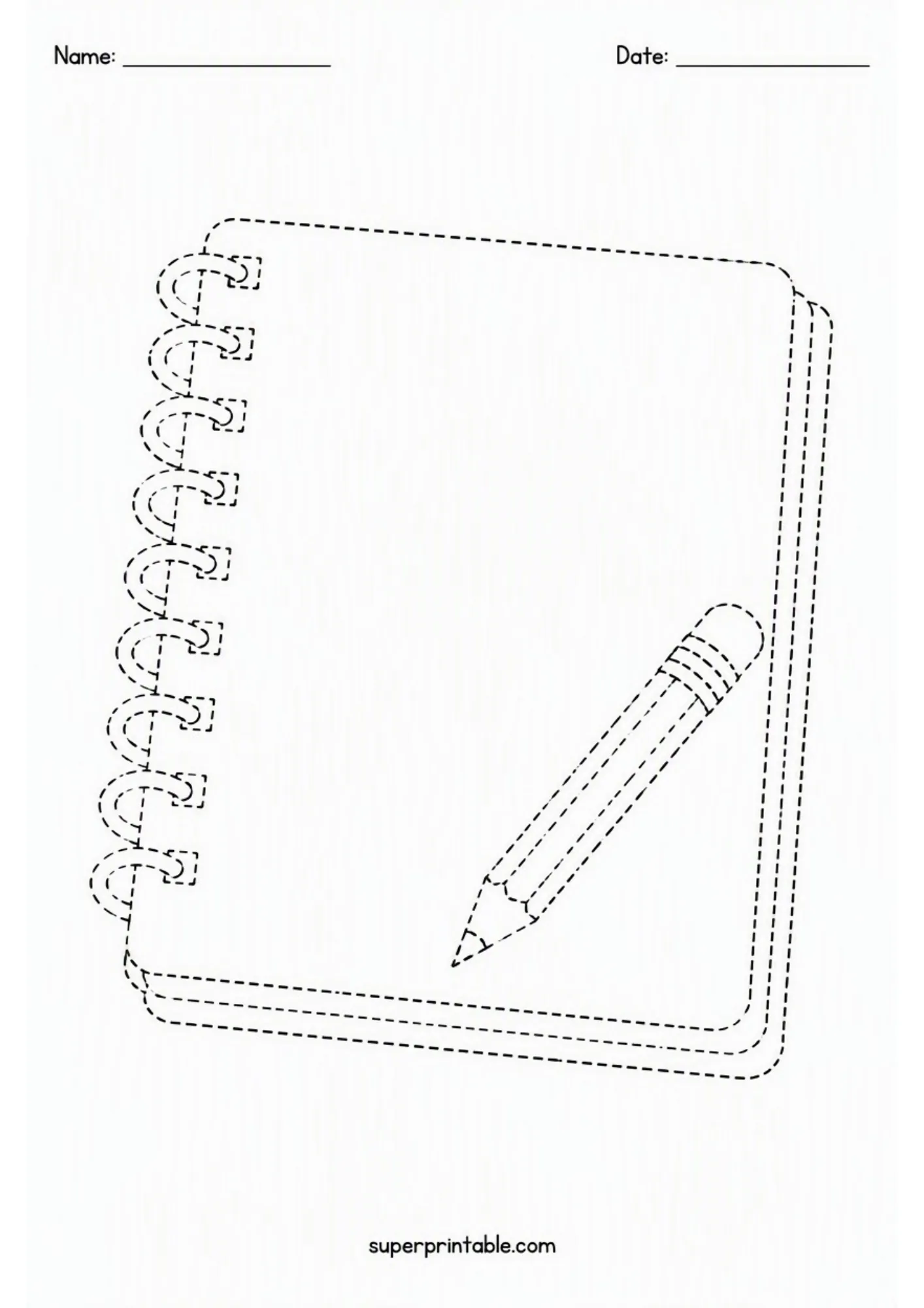 Dotted outline worksheet of a spiral sketchbook and pencil for practicing motor control and tracing.