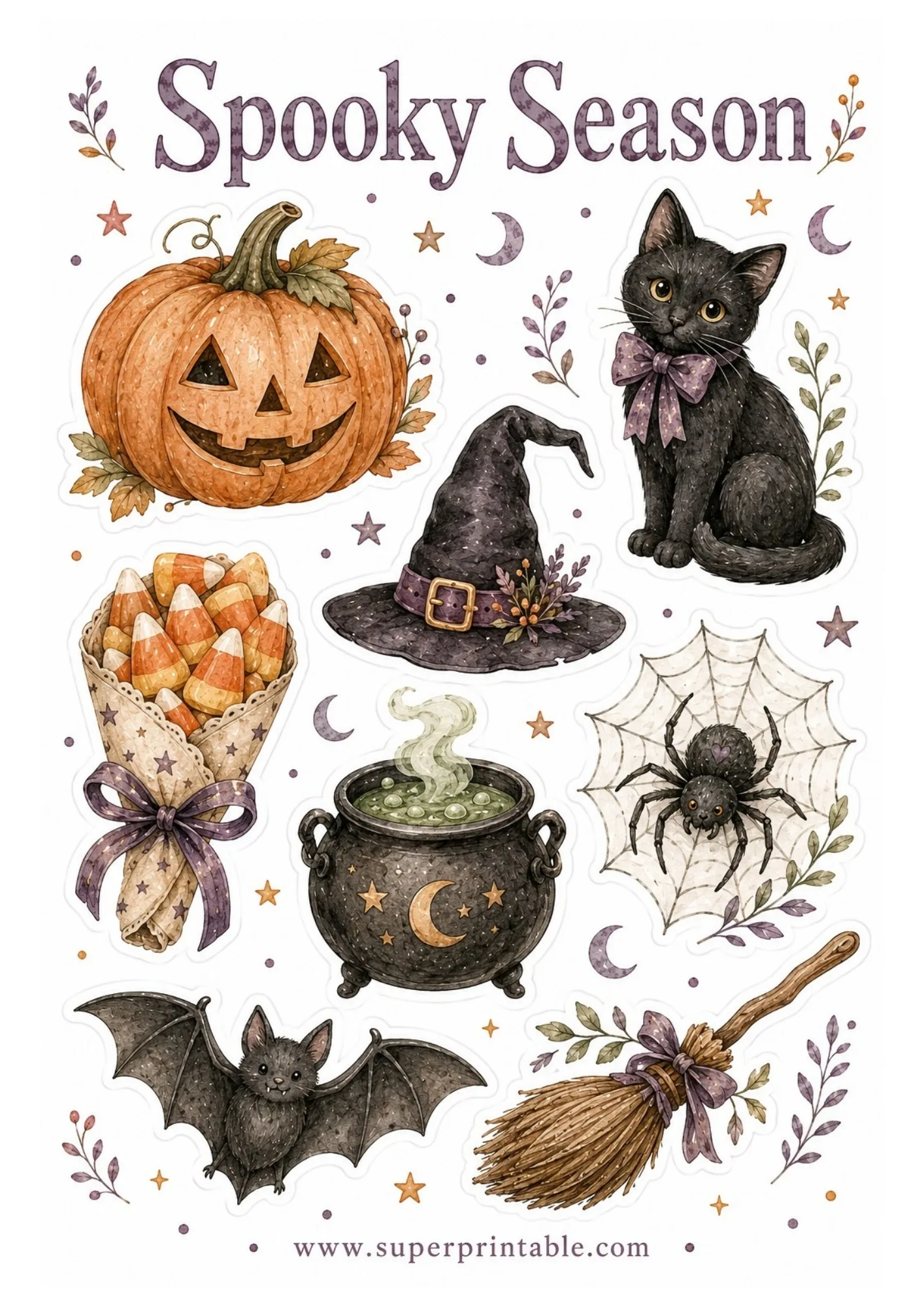 Printable Halloween sticker sheet featuring watercolor jack-o-lantern, black kitten, witch hat, candy corn, cauldron, spiderweb, bat, and broom.
