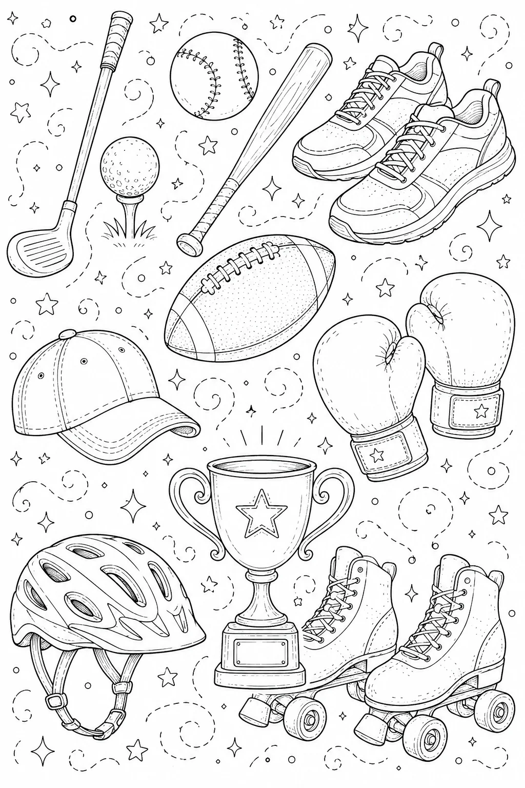 Printable Sports and Athletics basketball hoop and champion trophy doodle coloring page sheet