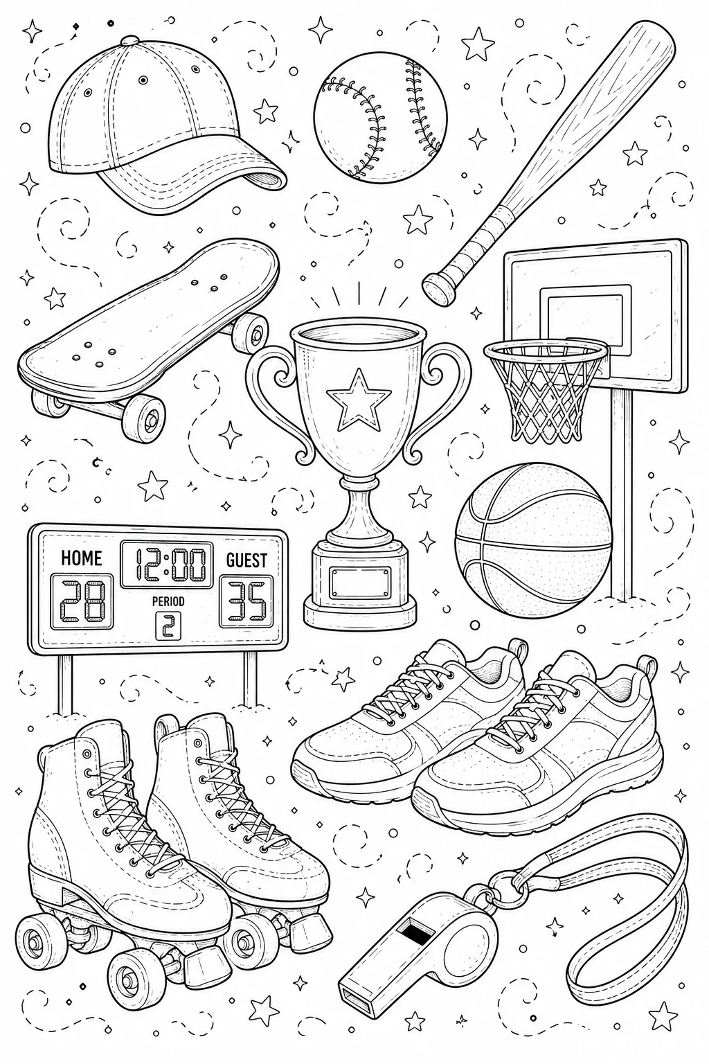 Printable Sports and Athletics baseball bat and running sneakers doodle coloring page sheet