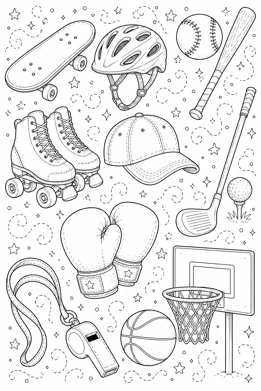 Printable Sports and Athletics roller skates and boxing gloves doodle coloring page sheet