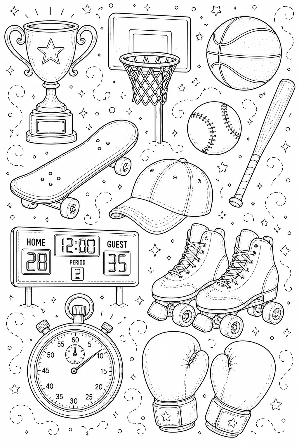 Printable Sports and Athletics tennis racket and game stopwatch doodle coloring page sheet