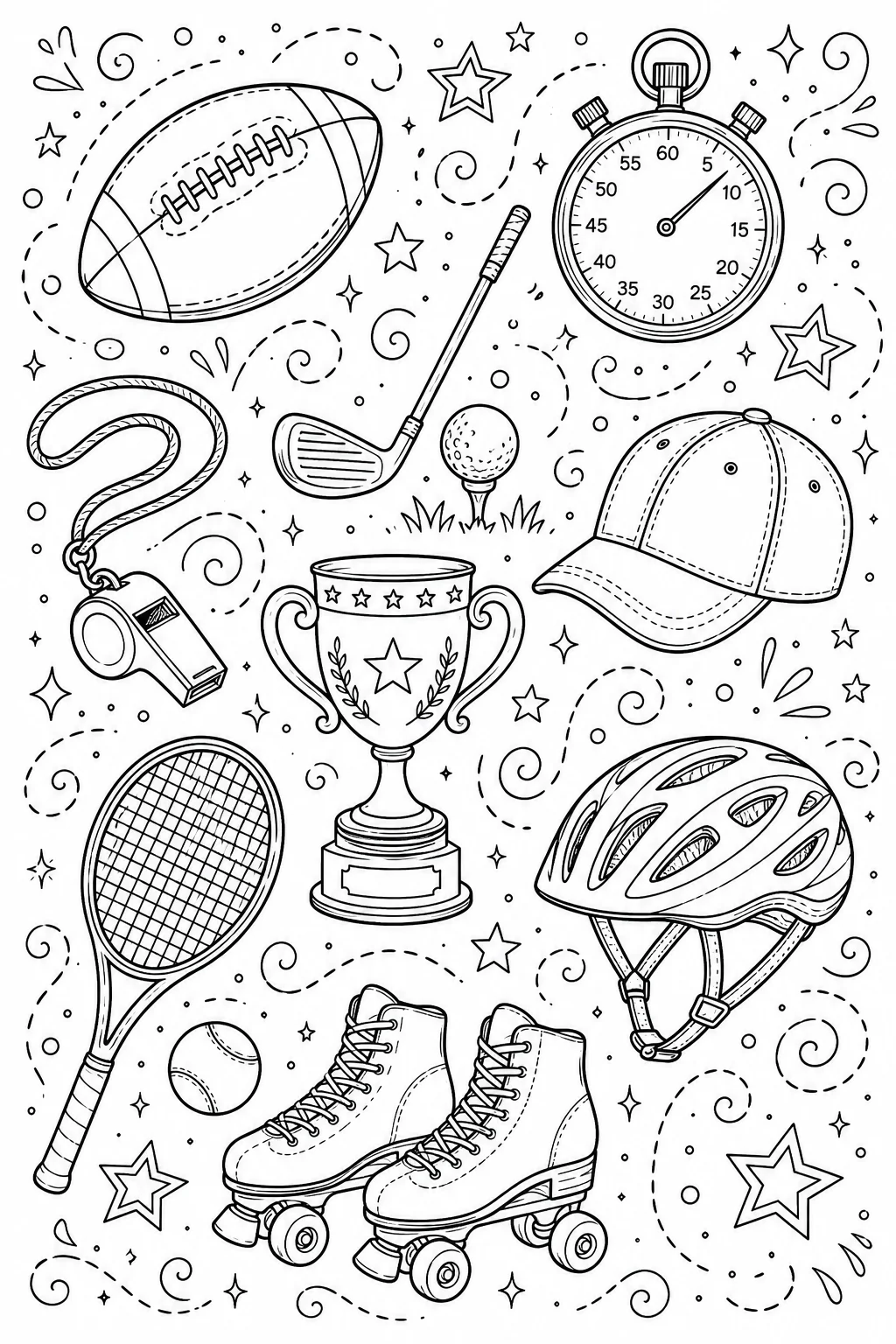 Printable Sports and Athletics football and golf club with ball doodle coloring page sheet