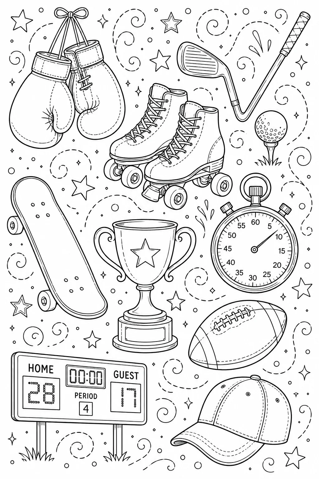 Printable Sports and Athletics game scoreboard and championship trophy doodle coloring page sheet
