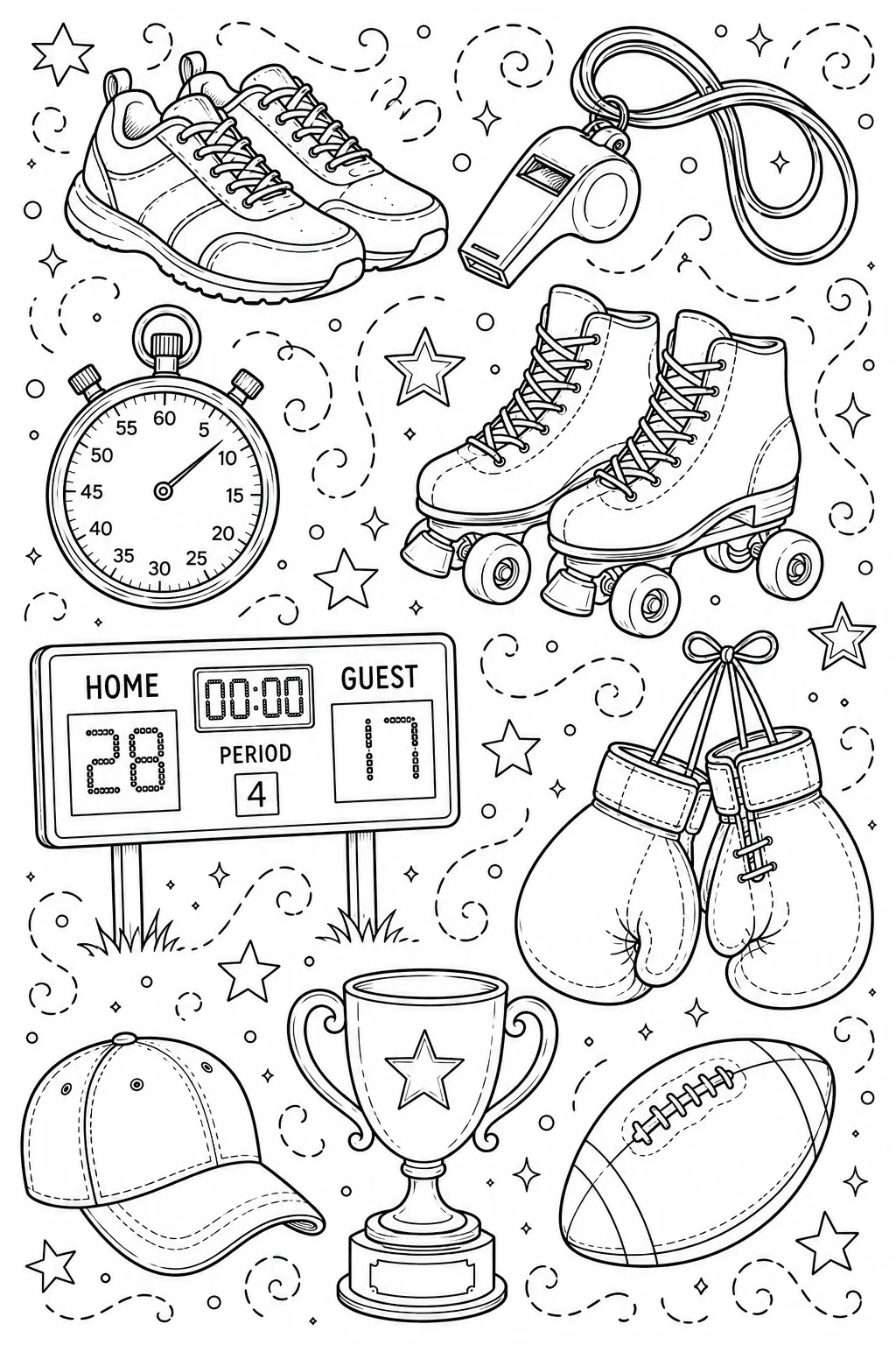 Printable Sports and Athletics running sneakers and referee whistle doodle coloring page sheet