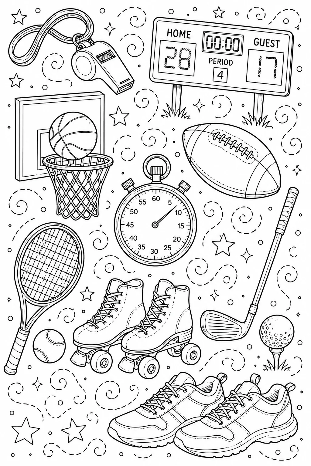 Printable Sports and Athletics tennis racket and basketball hoop doodle coloring page sheet