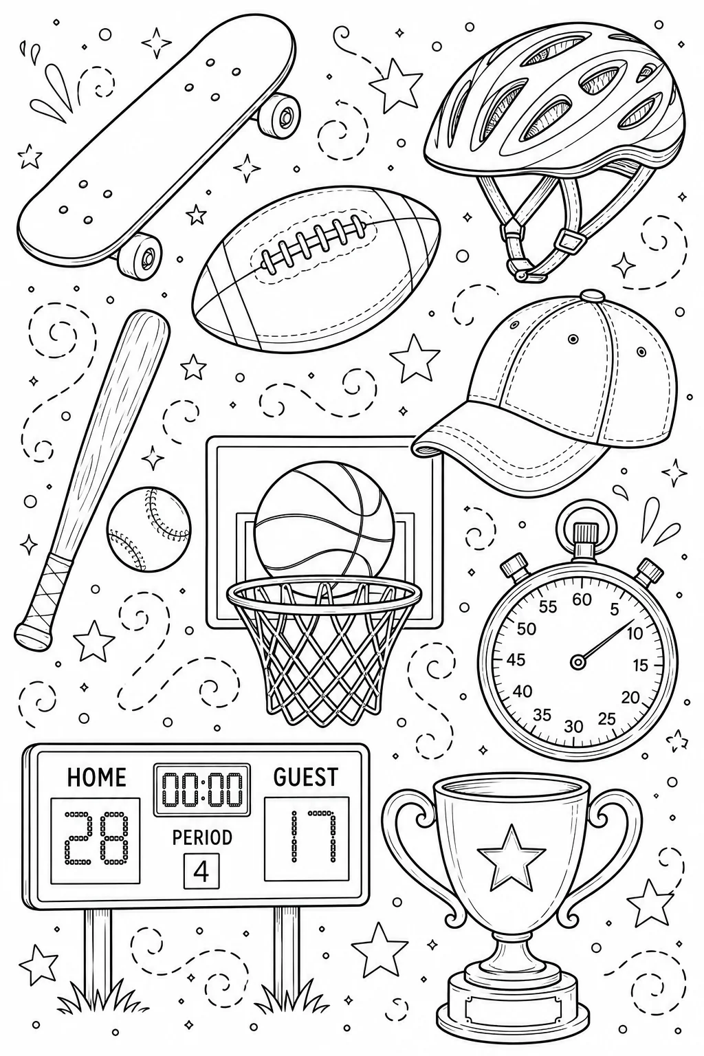 Printable Sports and Athletics skateboard and athletic safety helmet doodle coloring page sheet