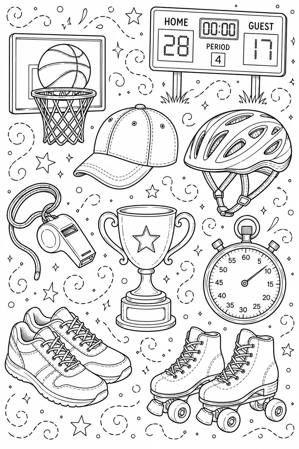 Printable Sports and Athletics game day scoreboard and gold cup trophy doodle coloring page sheet
