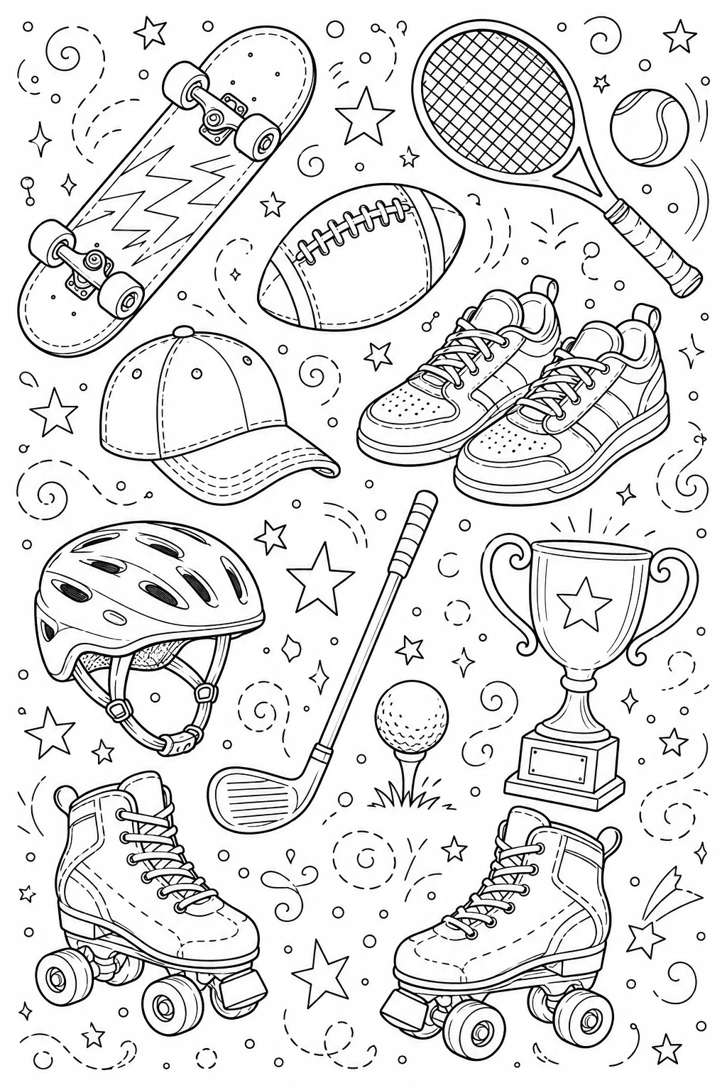 Printable Sports and Athletics retro roller skates and tennis racket doodle coloring page sheet