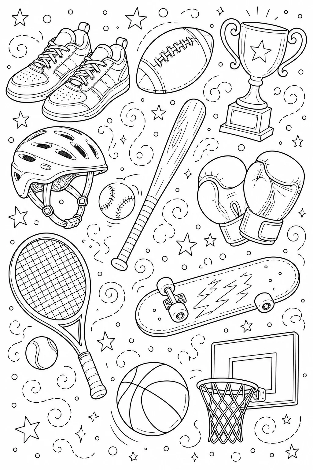 Printable Sports and Athletics boxing gloves and football equipment doodle coloring page sheet