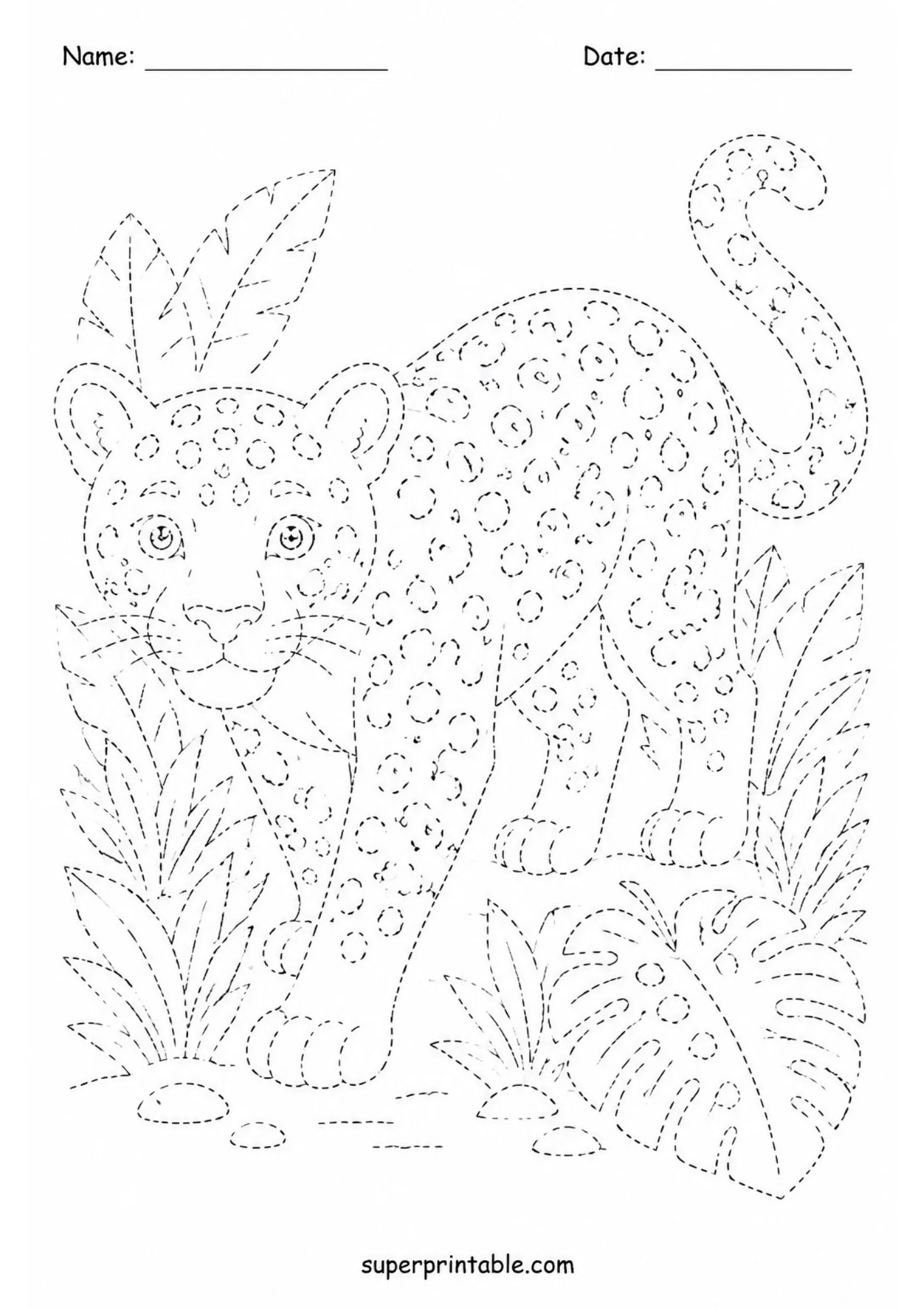 Spotted rainforest jaguar walking through tropical plants for kids line tracing practice.
