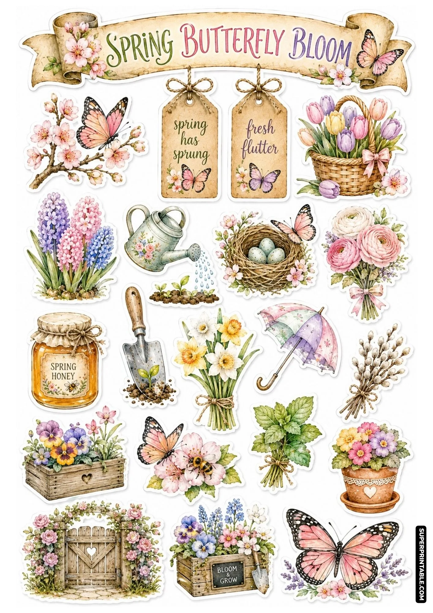 Spring butterfly bloom sticker sheet with cherry blossoms, robin nest eggs, and pastel garden tulips.
