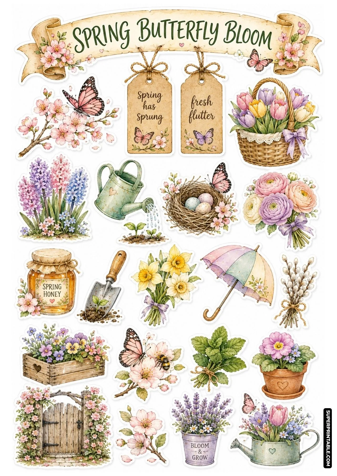 Spring garden bloom sticker sheet featuring butterflies, colorful tulip baskets, bird nests, and cherry blossoms.