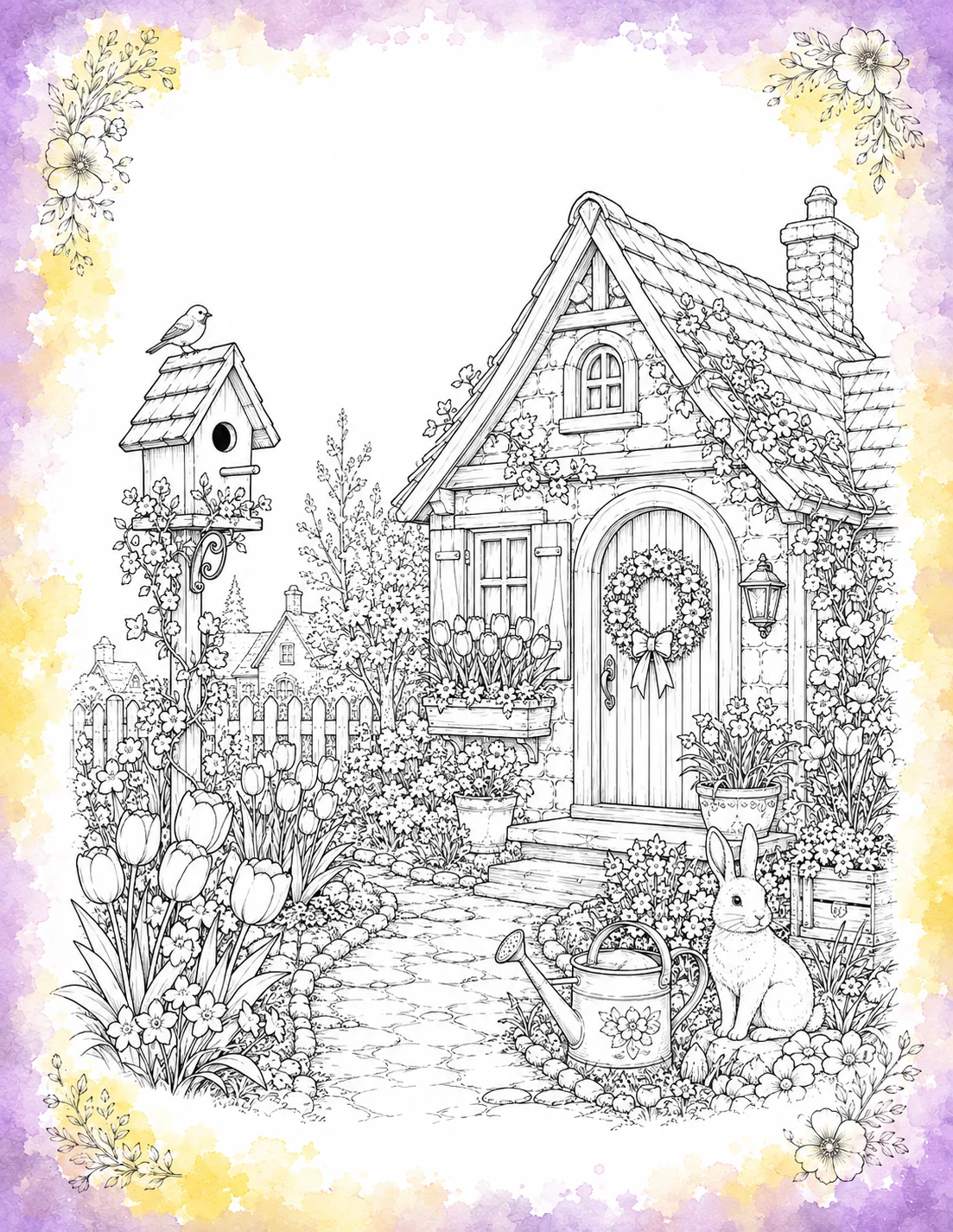 Spring garden coloring page featuring a stone cottage with tulips, a wooden birdhouse with a bird, a floral watering can, and a rabbit inside a purple and yellow border.