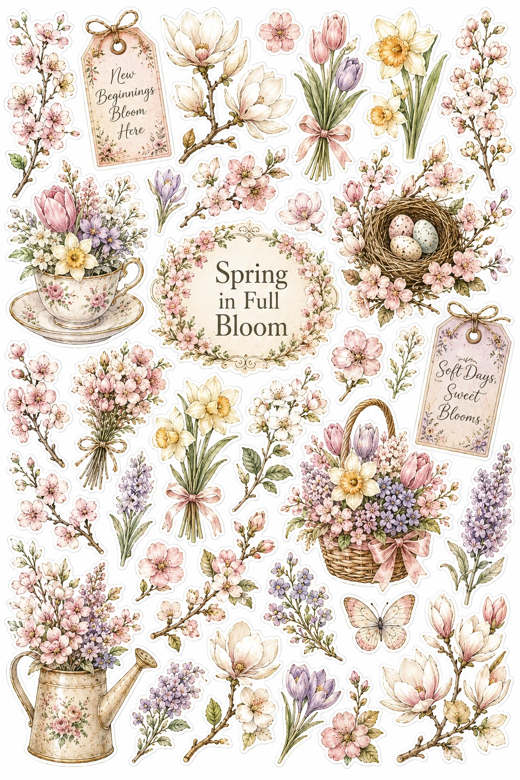 Spring in Full Bloom Pastel Tulip Sheet featuring vintage botanical illustrations, garden roses, wildflowers, and herbs.