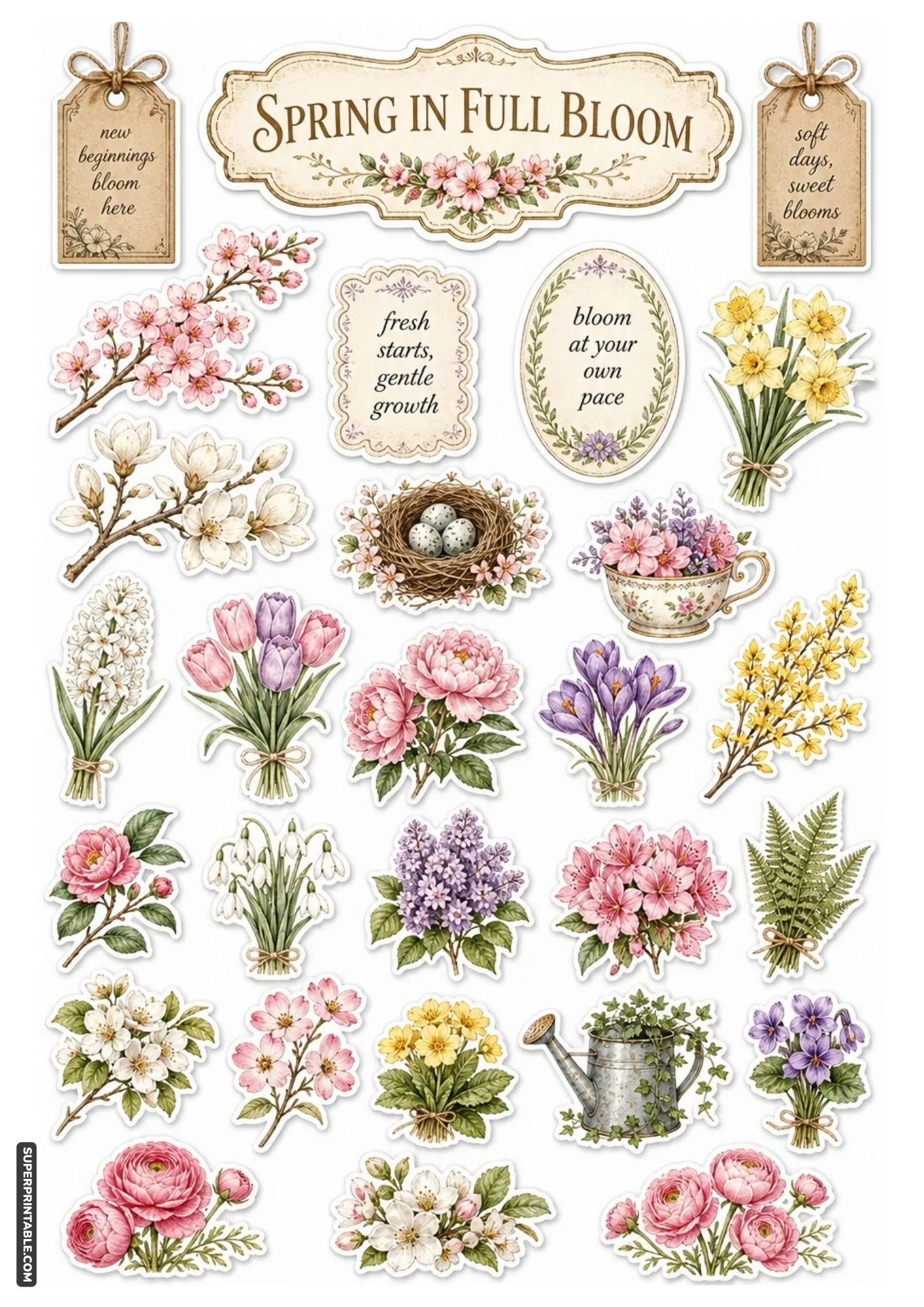 Spring themed floral elements with tulips, daffodils, and a bird nest.