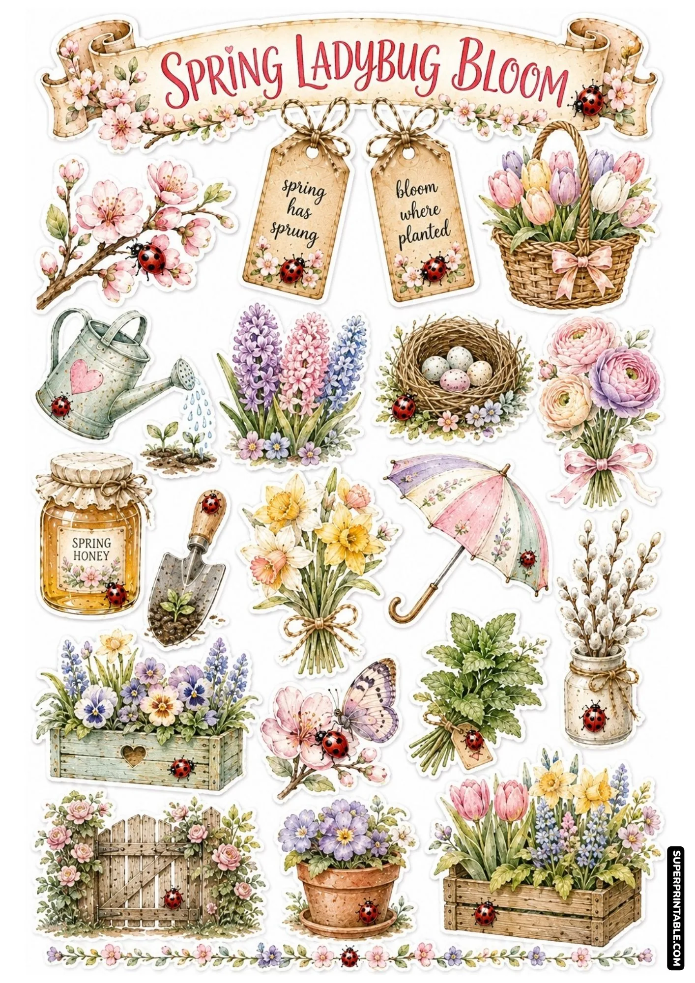 Spring floral sticker sheet with ladybugs, colorful tulip baskets, bird nests, and blooming cherry blossom branches.