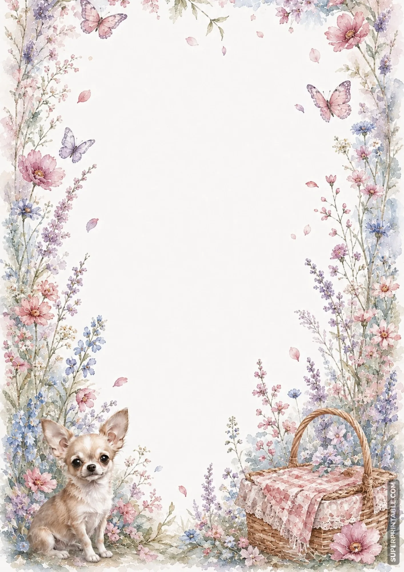 Wildflower spring meadow border page with butterflies picnic basket and chihuahua dog