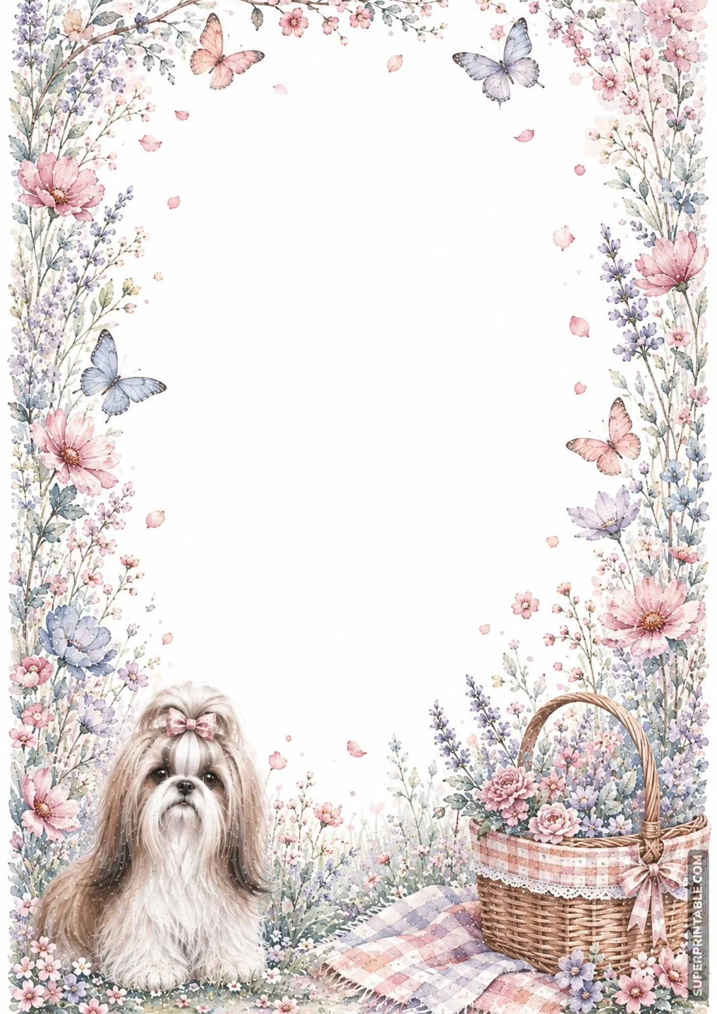 Spring wildflower meadow stationery border with butterflies and floral basket