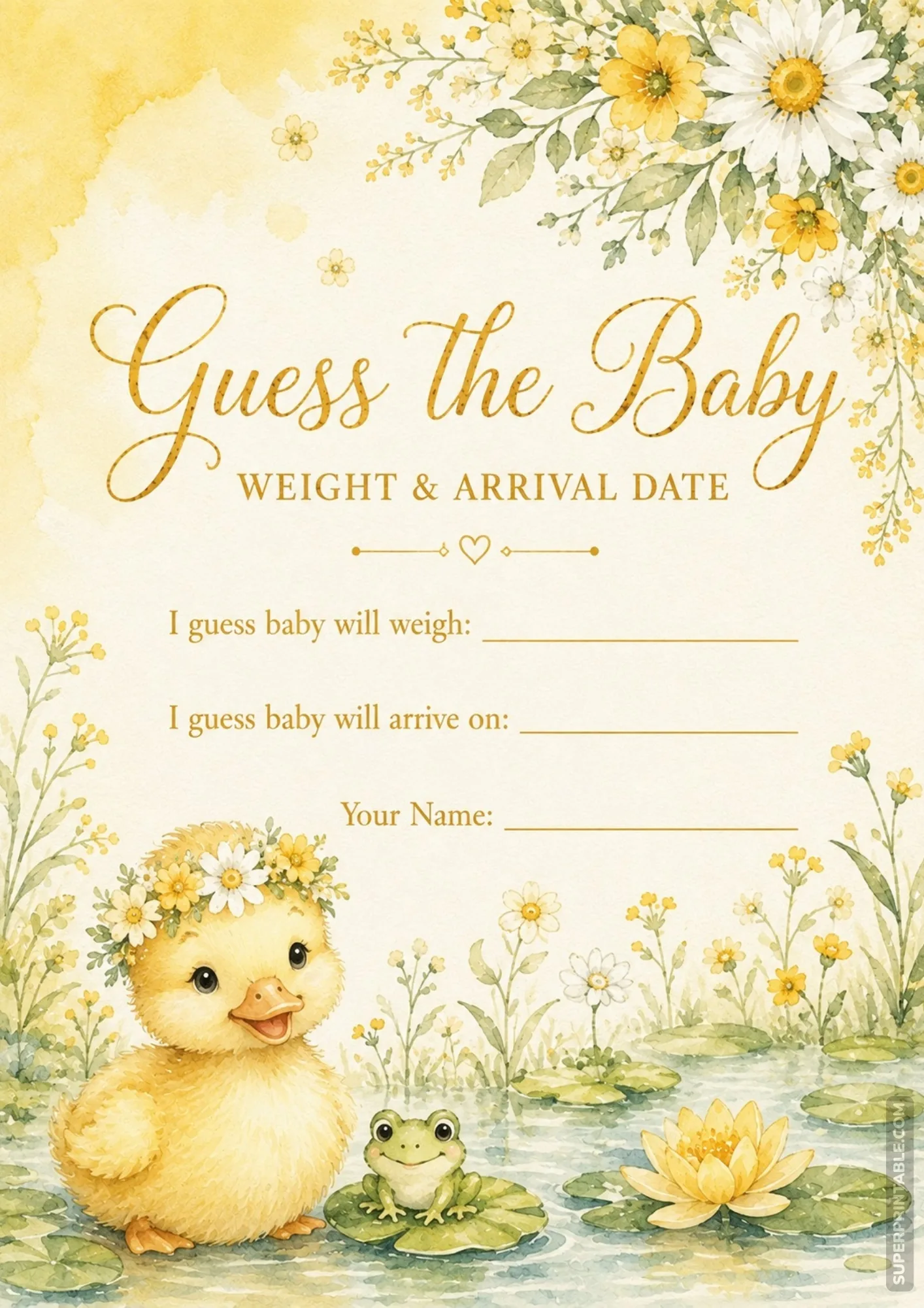 Spring garden baby shower prediction card featuring a yellow duckling in a floral crown and frog.