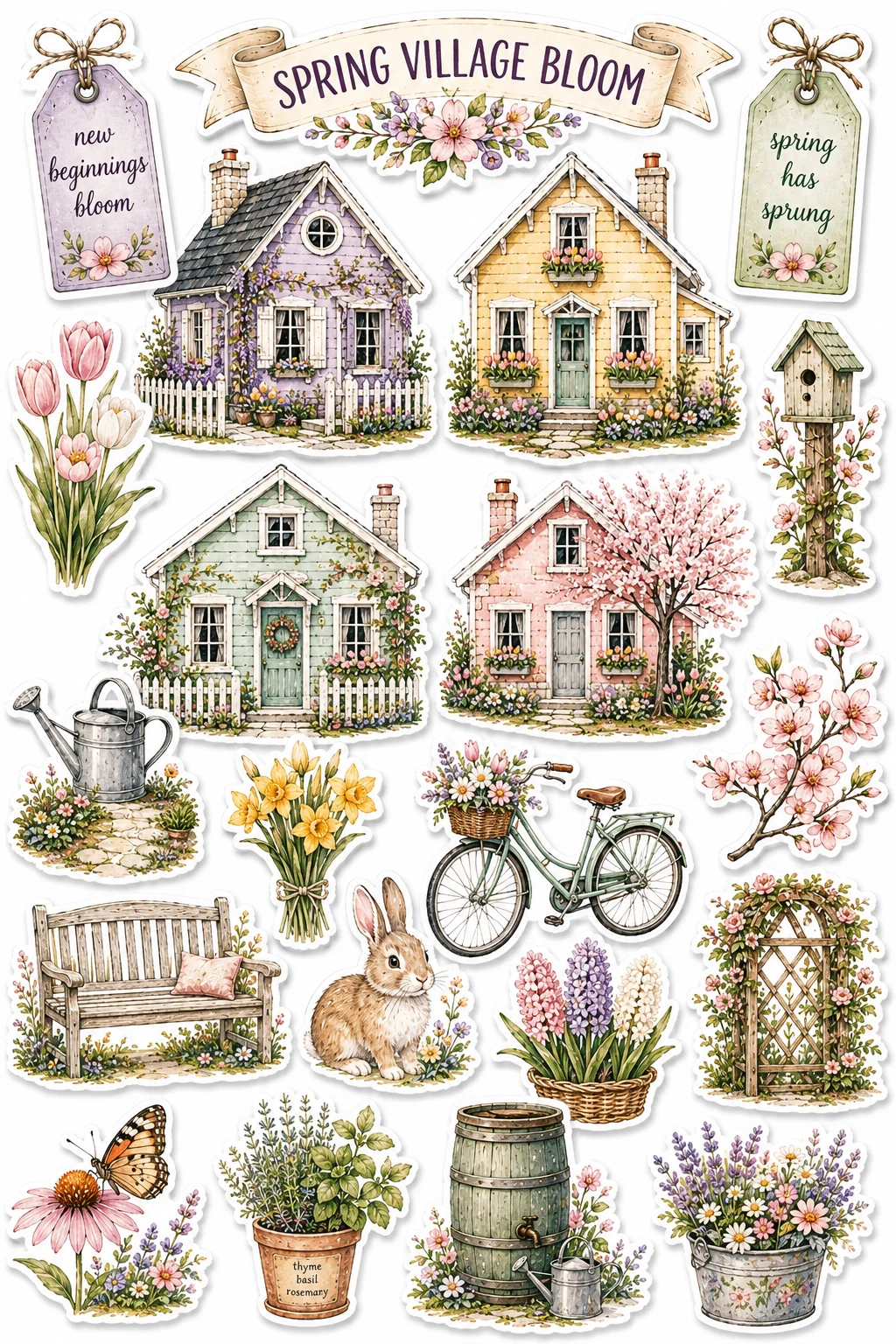 Spring Village Bloom Pastel House Bunny Sheet featuring cottagecore architecture, cozy village houses, seasonal cabins, and countryside farms.