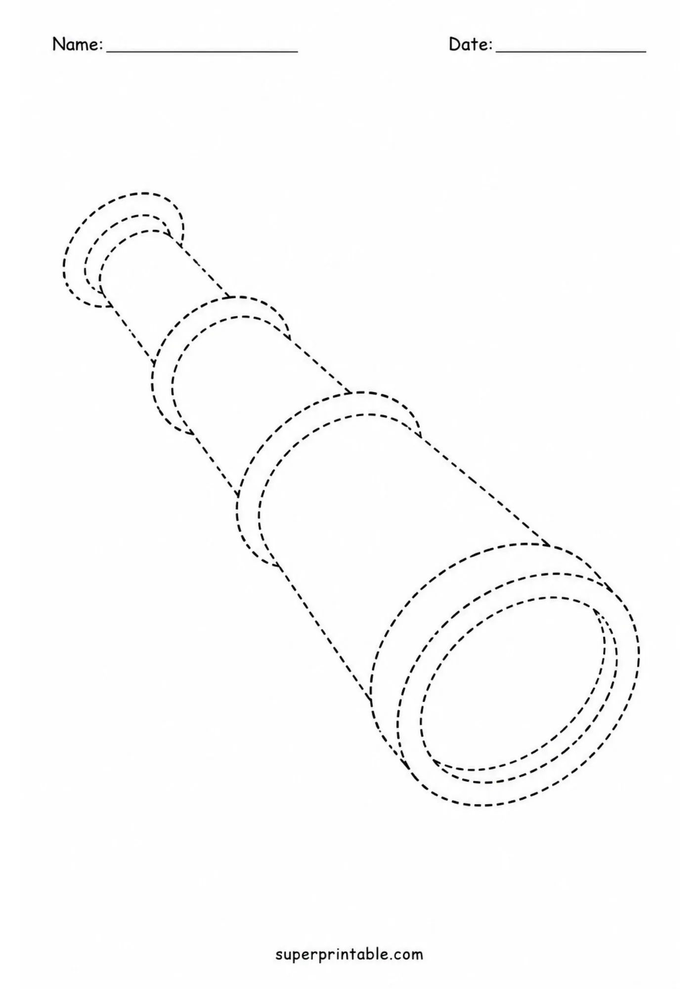 Free printable spyglass telescope outline using dashed lines.