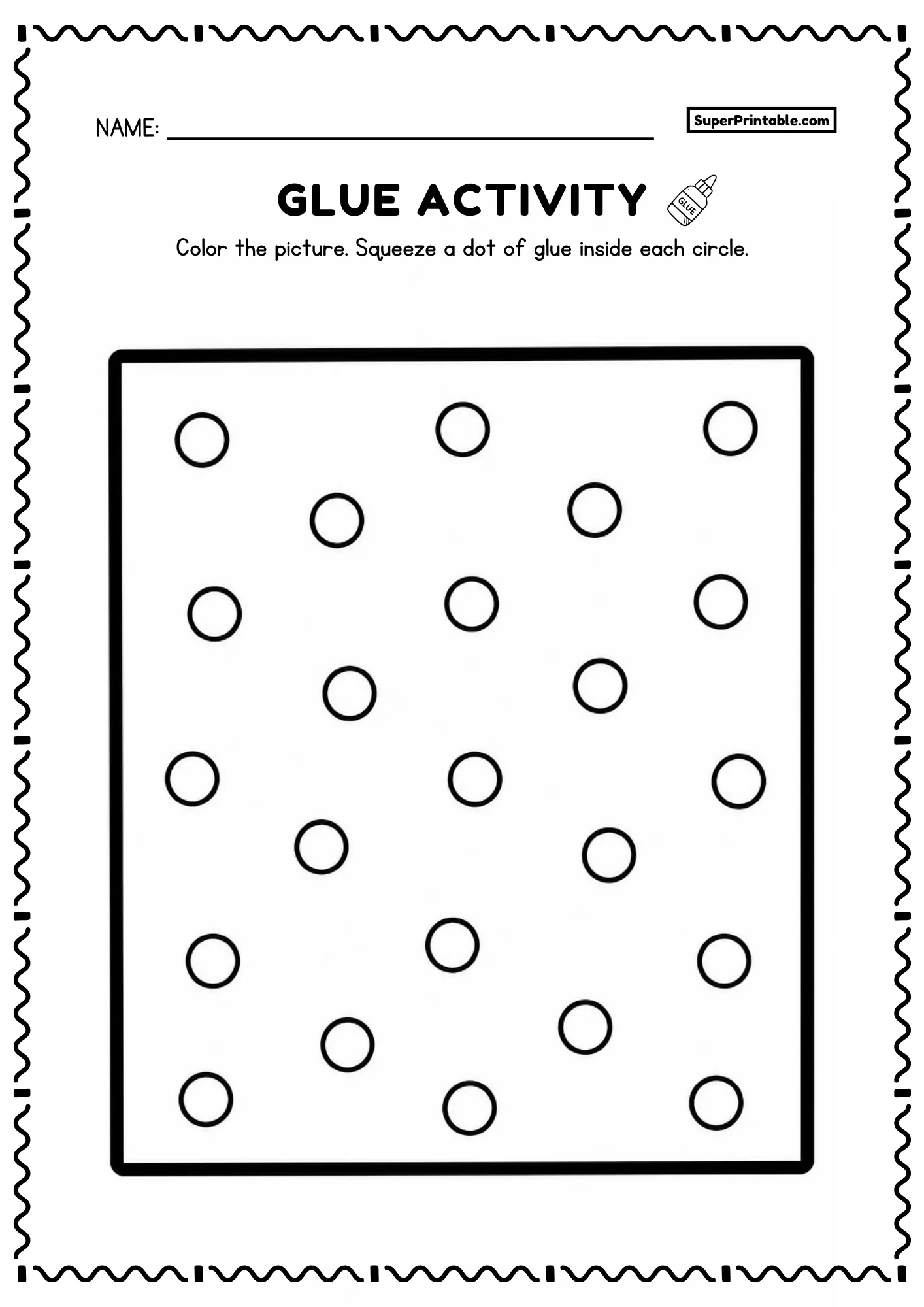 Square outline with scattered circles for a simple preschool glue activity