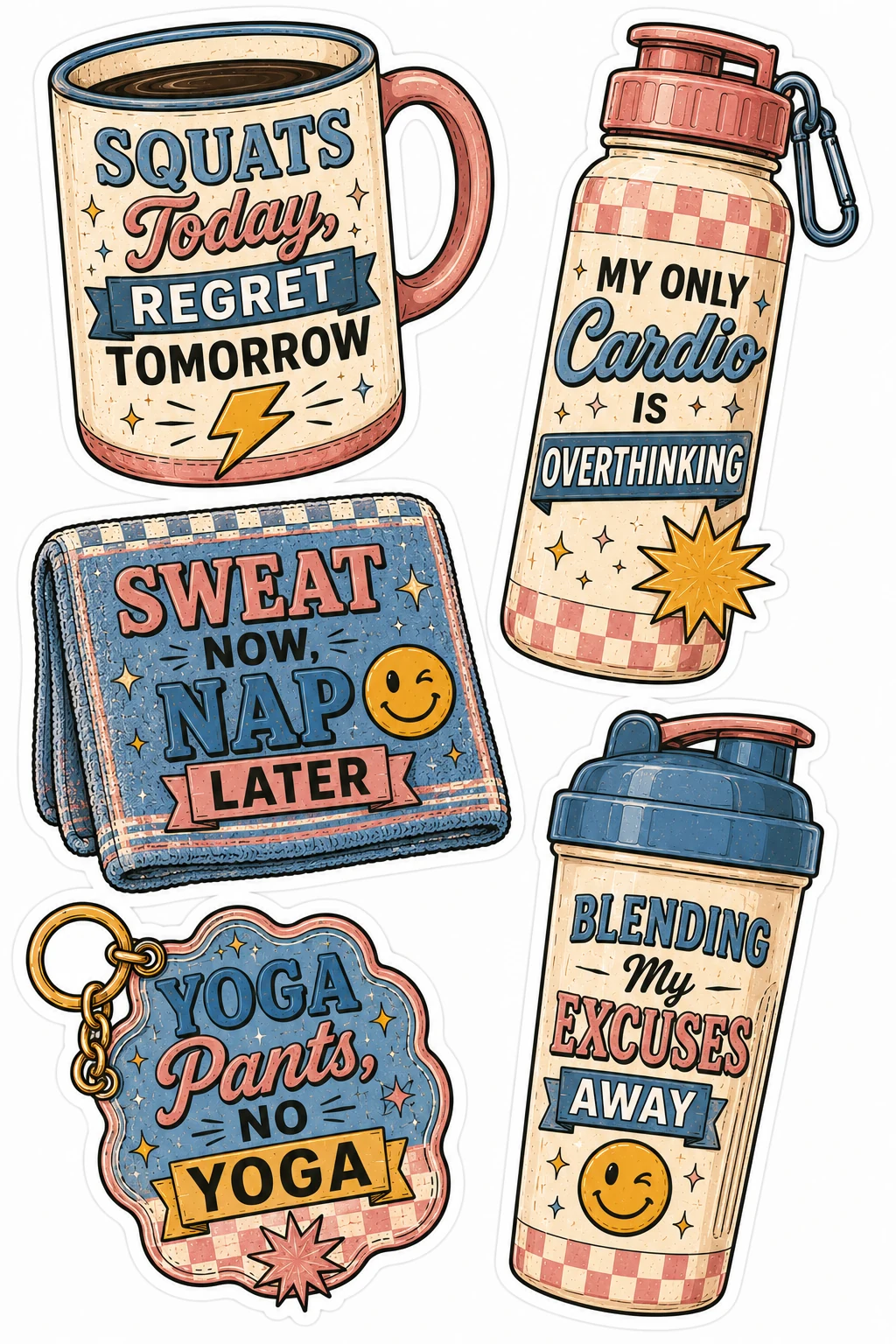 Squats Today Regret Tomorrow Yoga Pants Sheet featuring funny gym humor, reluctant runner quotes, fitness gear, and rest day laughs.