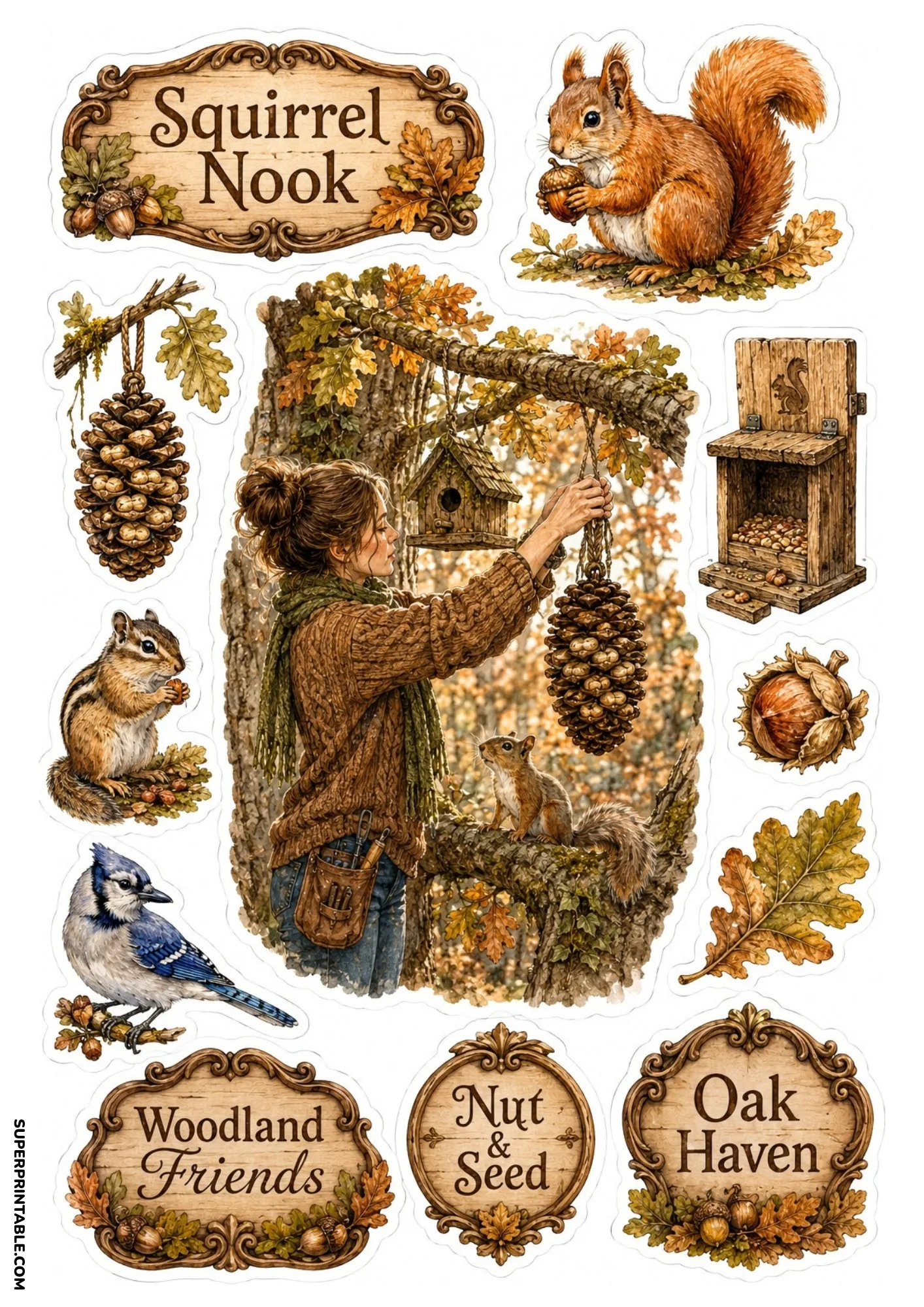 Woodland squirrel stickers featuring a girl hanging feeders, red squirrel, chipmunk, and blue jay bird.