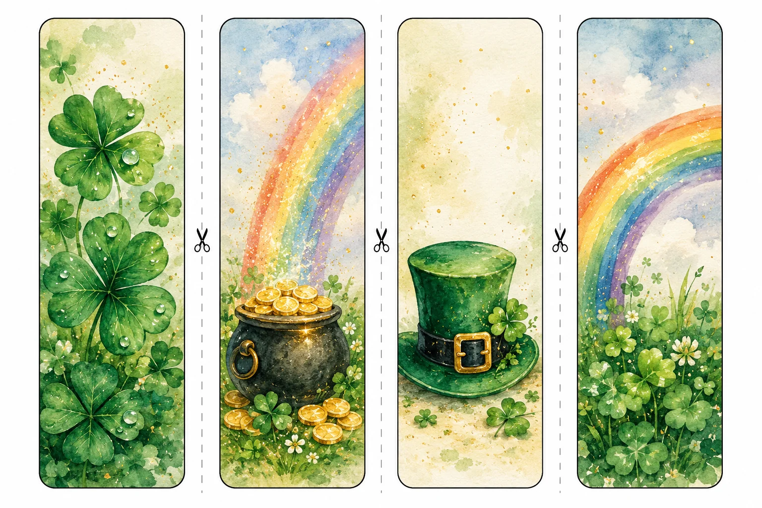 Printable St. Patrick's Day bookmarks sheet 1, lucky clovers and pot of gold