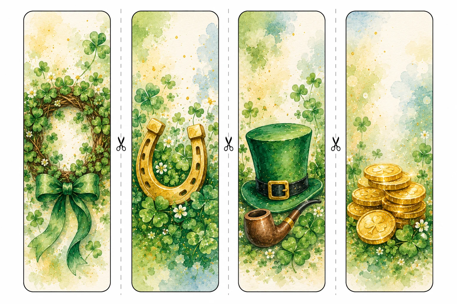 Printable St. Patrick's Day bookmarks sheet 2, shamrock wreath and horseshoe