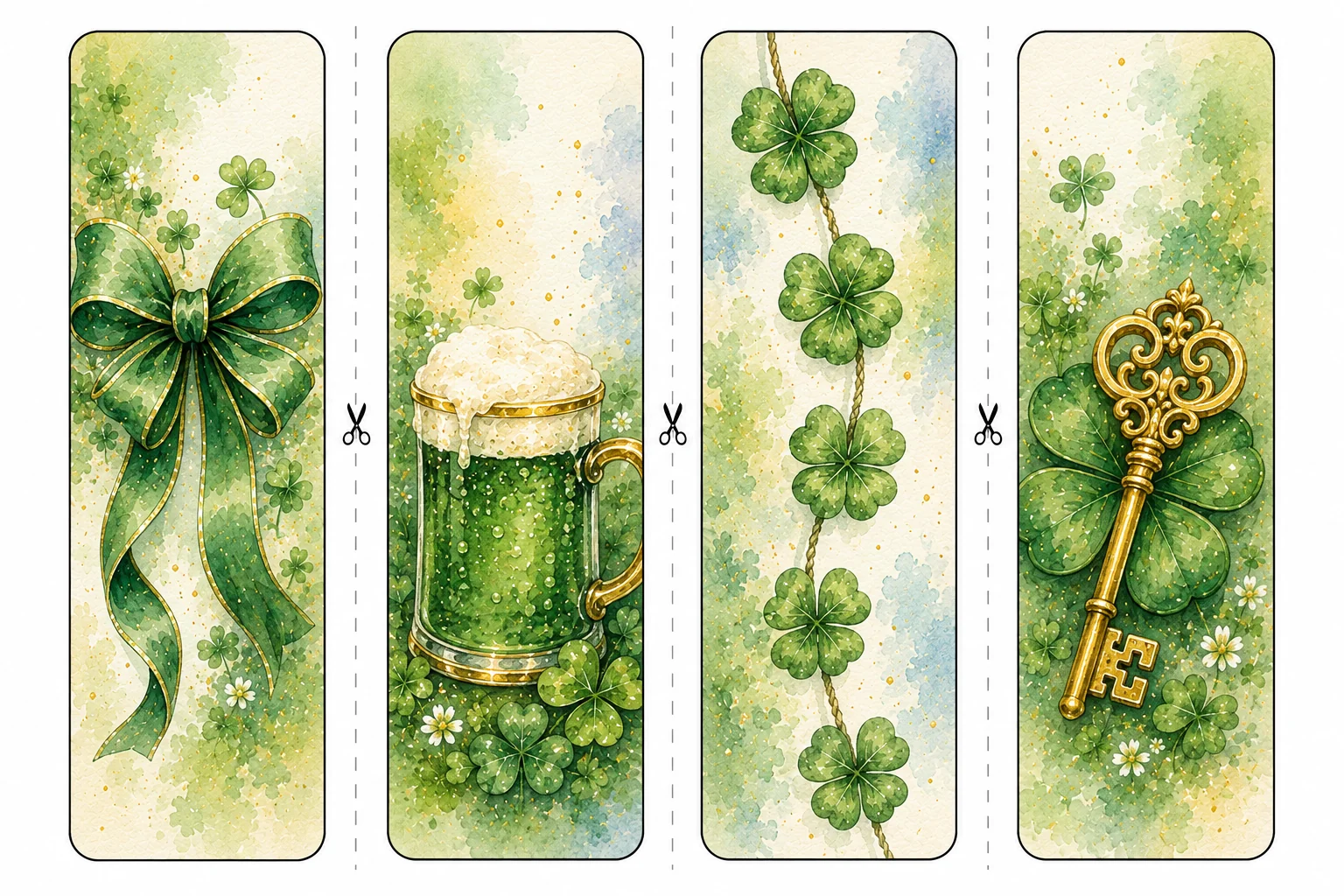 Printable St. Patrick's Day bookmarks sheet 4, green ribbon and golden key