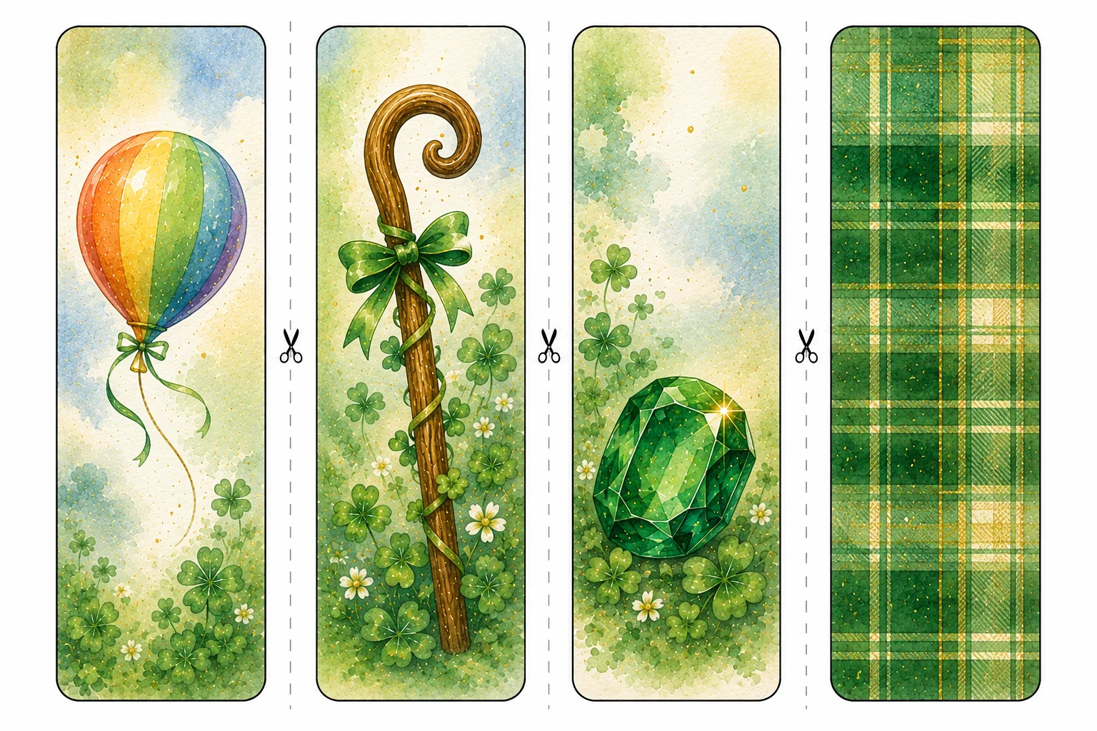 Printable St. Patrick's Day bookmarks sheet 5, rainbow balloon and emerald