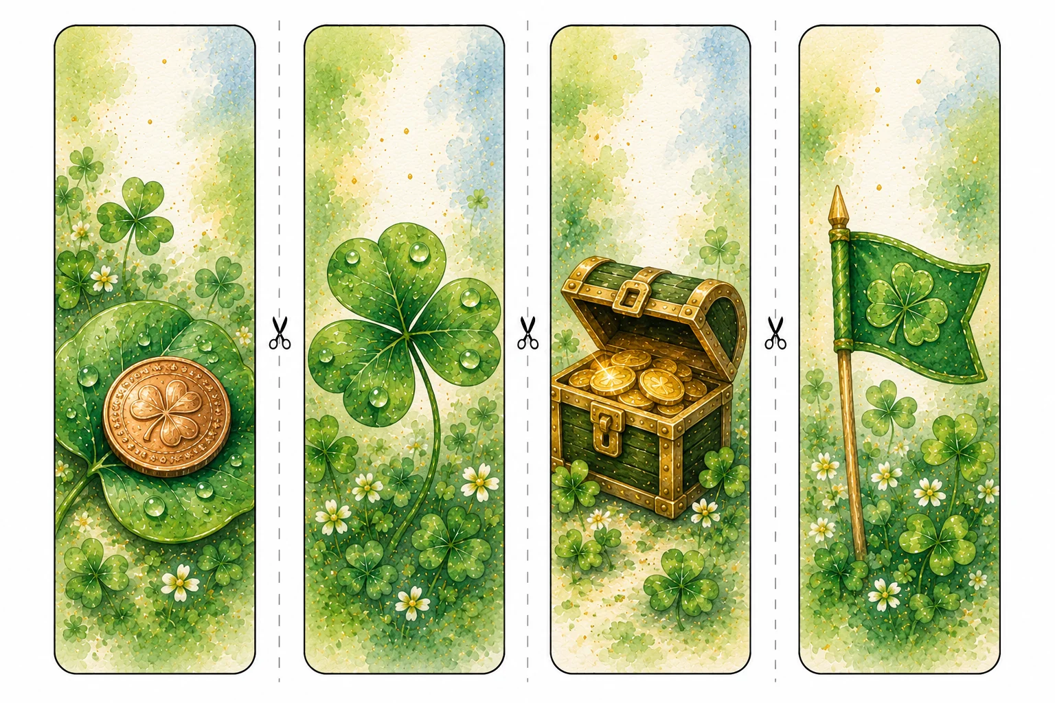 Printable St. Patrick's Day bookmarks sheet 6, lucky penny and treasure chest