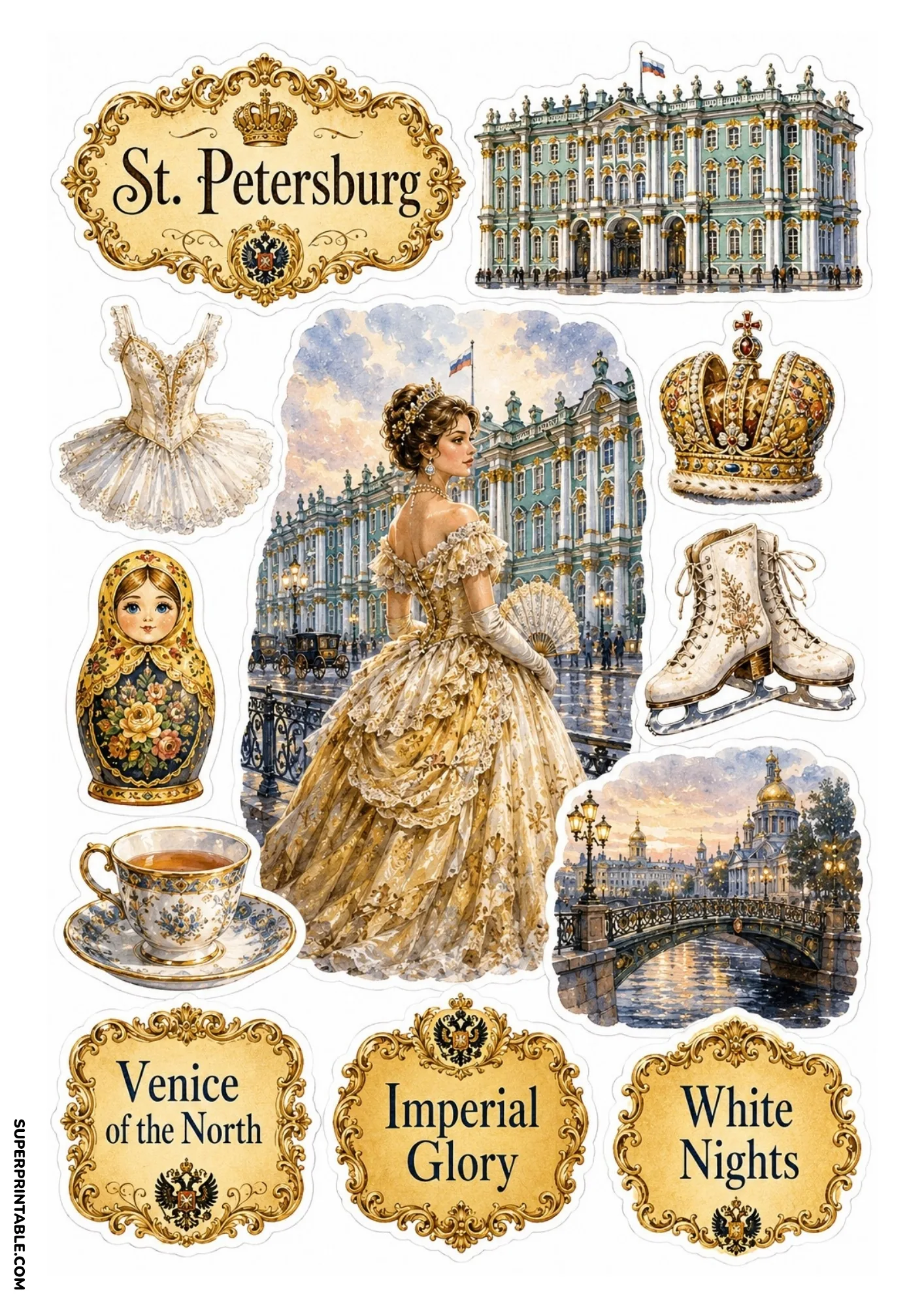 St Petersburg sticker sheet displaying Winter Palace, imperial crown, and ballet tutu