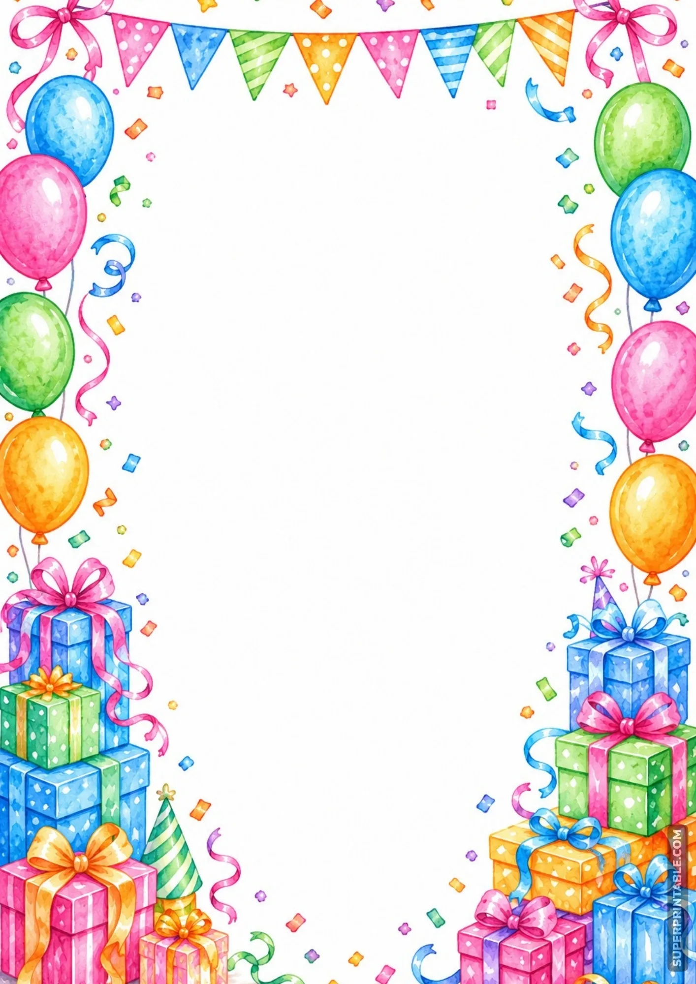 Watercolor page featuring stacks of wrapped birthday presents, balloons, and party hats.