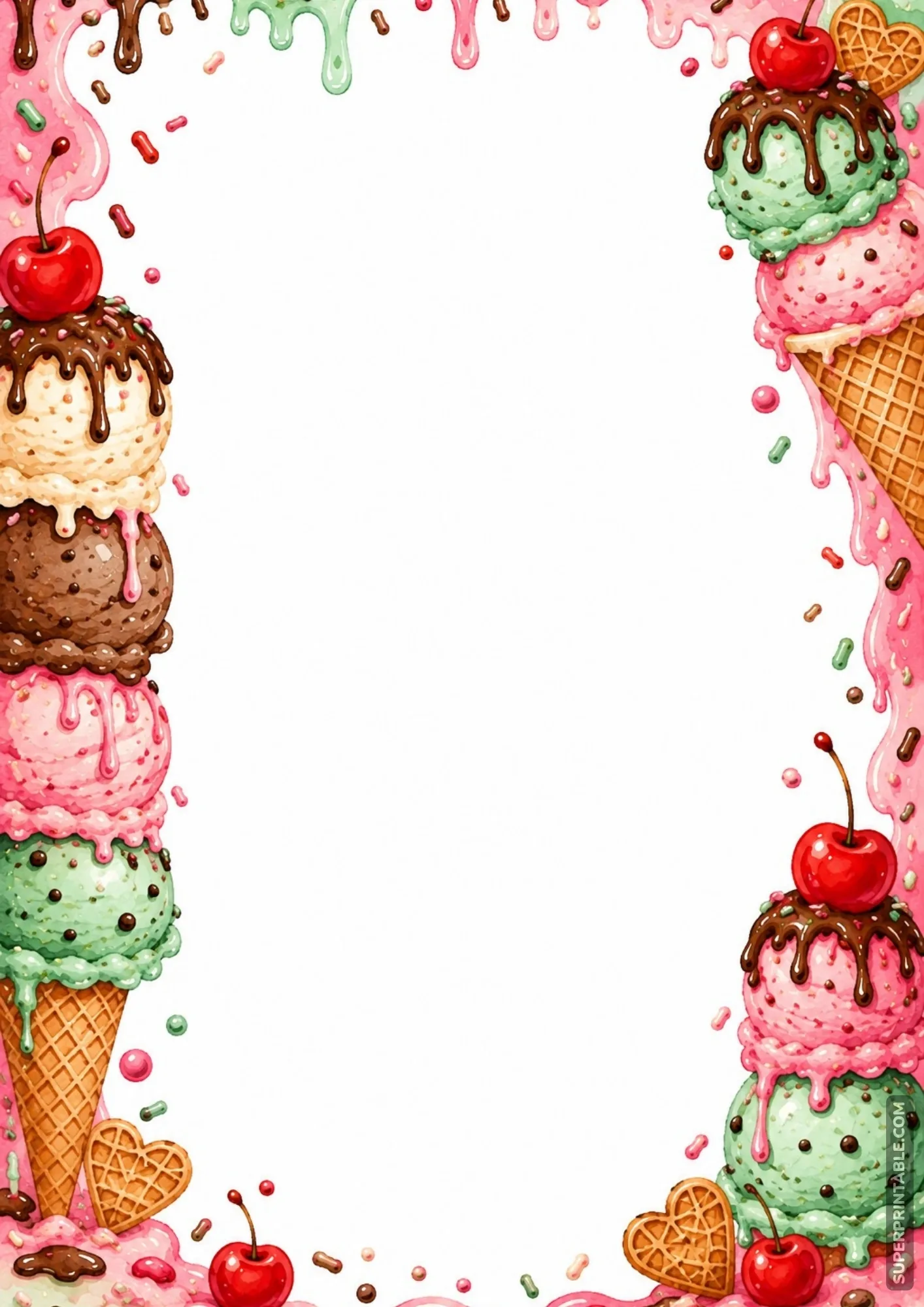 Tall stacks of mint, strawberry, and chocolate ice cream scoops decorating a page border.