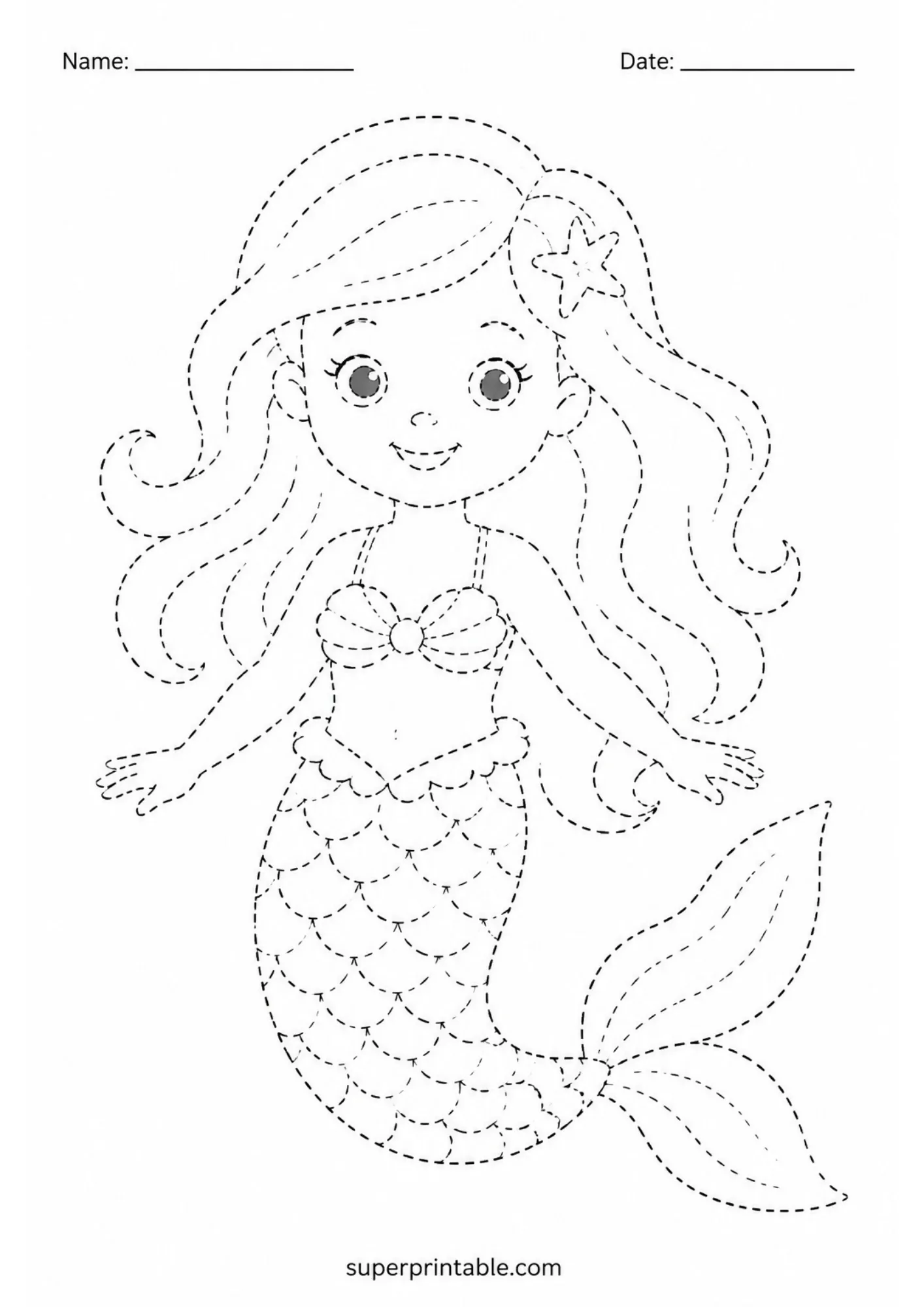 Standing mermaid with open arms and scale-patterned fish tail in dashed line style.