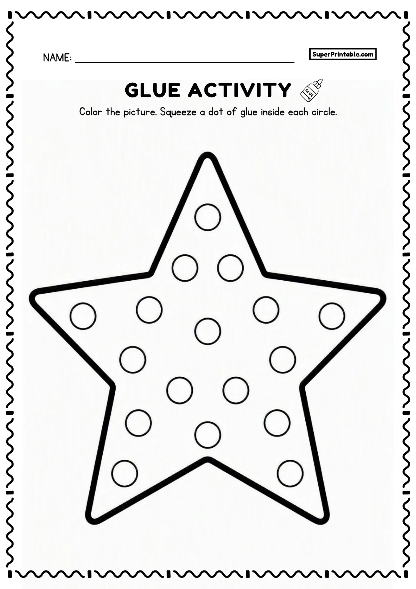 Large star glue activity page with circles for toddlers and kindergarten kids