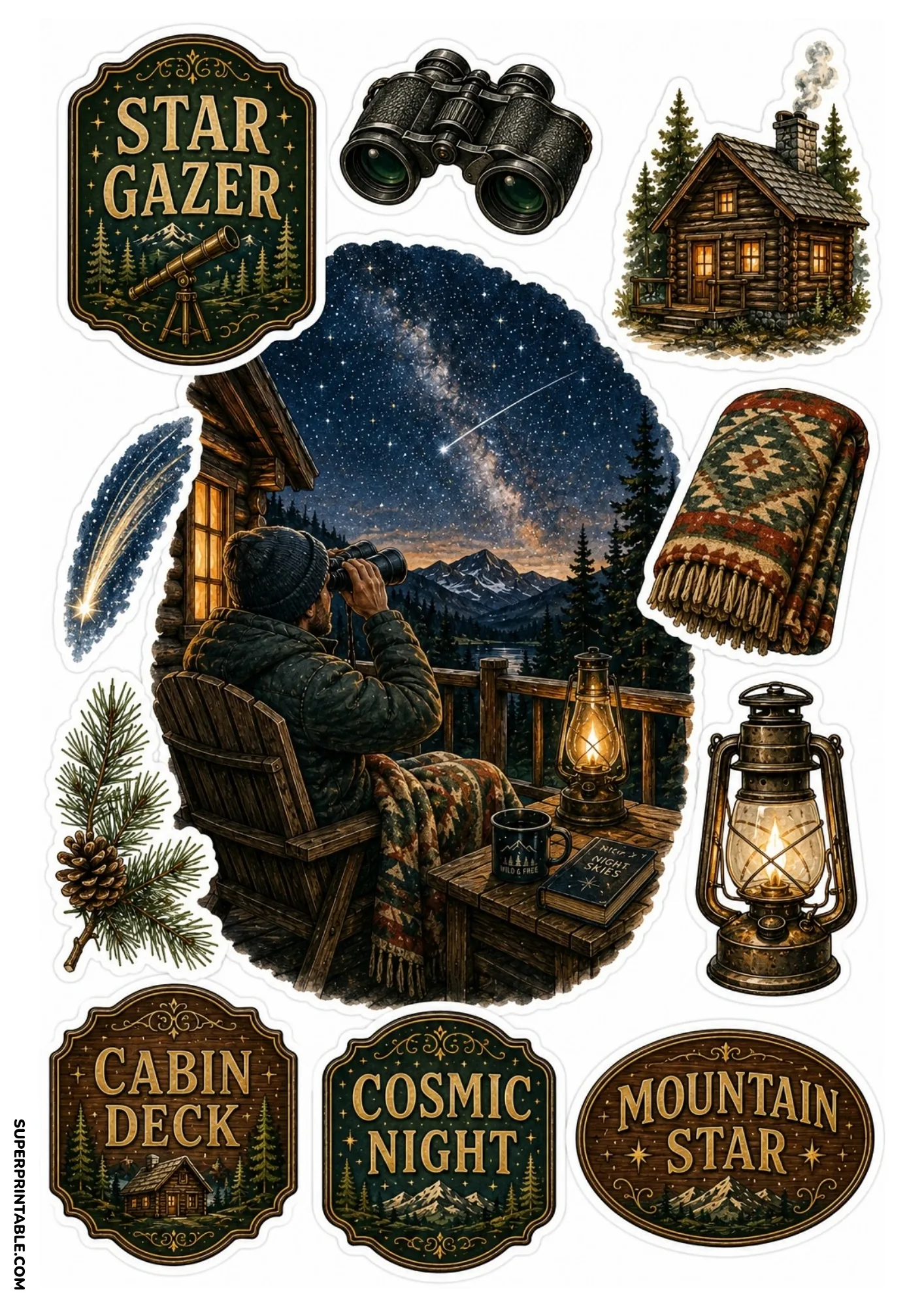 Stargazing sticker sheet with a person watching shooting stars from a cabin deck, binoculars, glowing lantern, log cabin, and cosmic night badges.