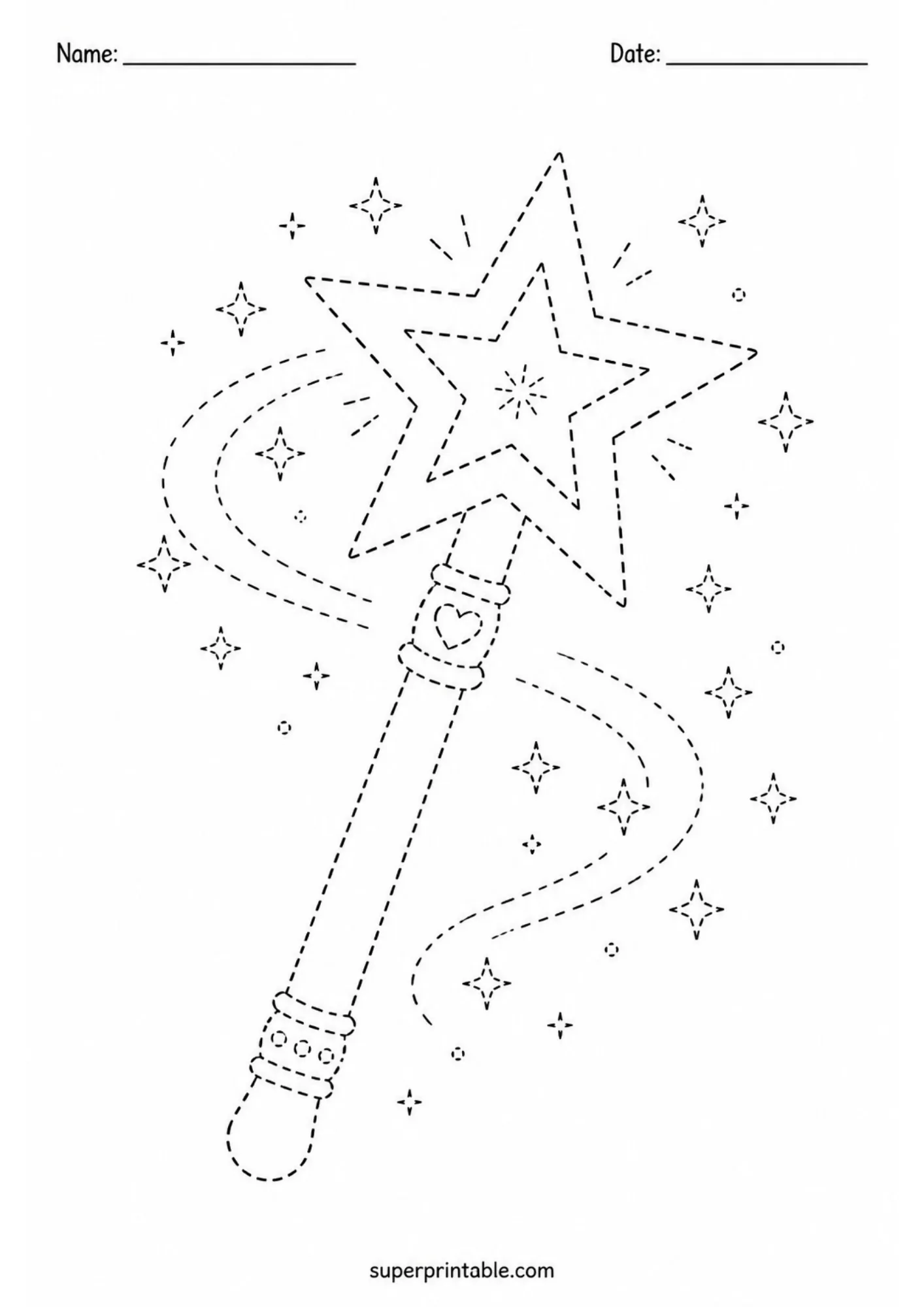 Dashed line tracing activity featuring a star-topped magic wand surrounded by sparkling stars.