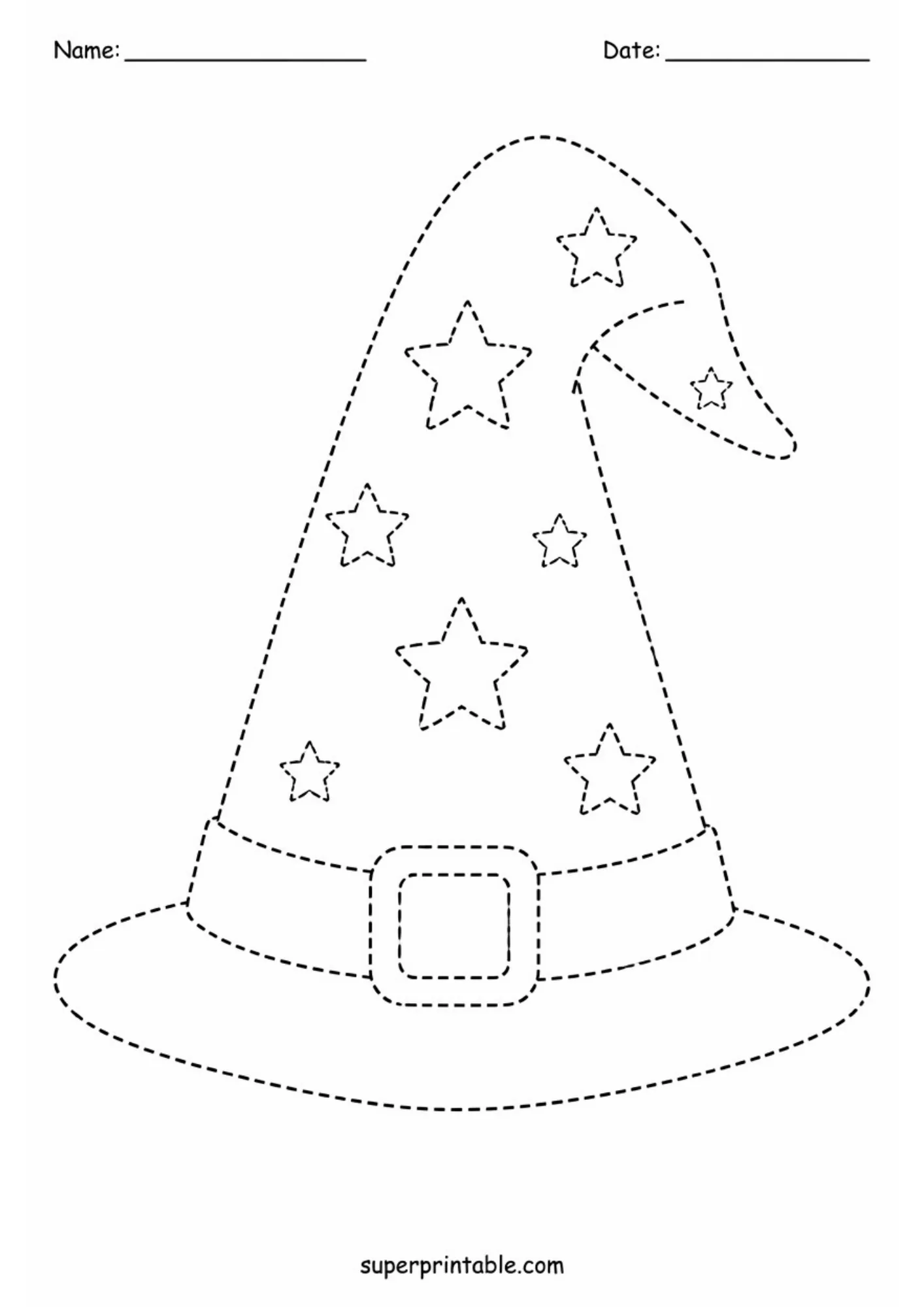 Wizard hat with a curved tip and star patterns rendered in dashed line tracing format.